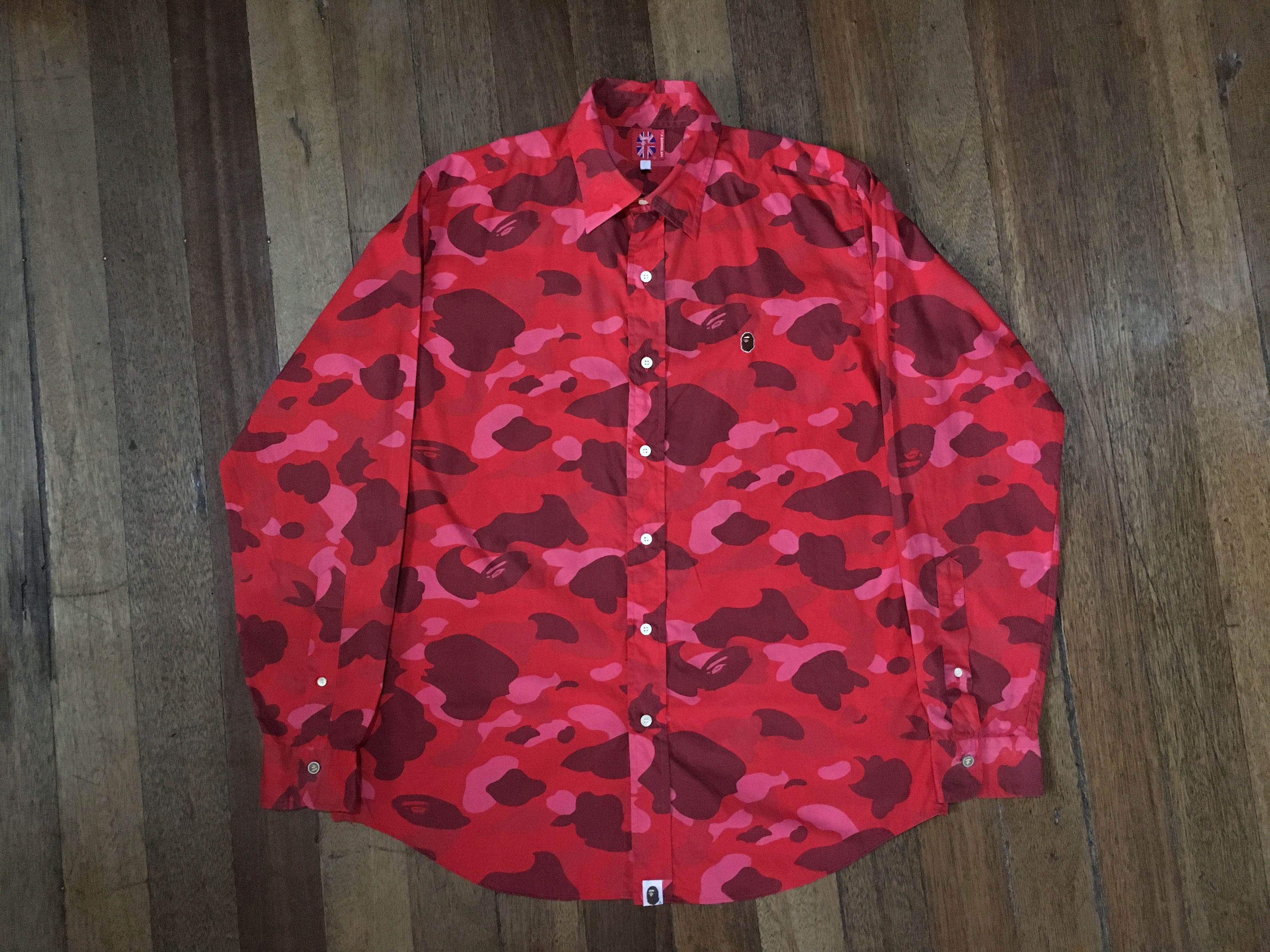 image of Og Bape Button Up Polo Longsleeve in Red Camo, Men's (Size Large)