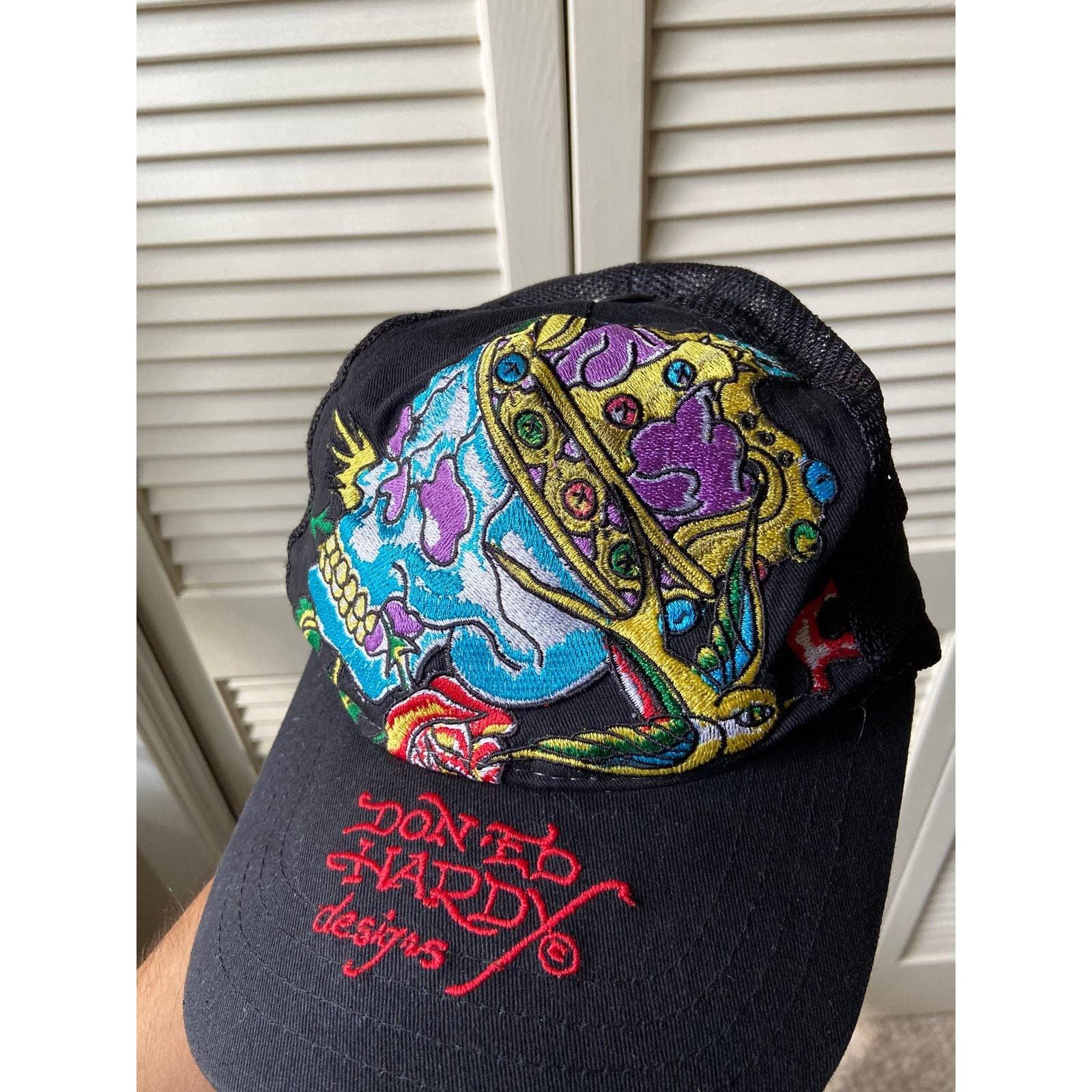 Ed Hardy × Vintage Vintage Y2K Ed Hardy Skull King Black Trucker Hat Mesh Cap Size ONE SIZE - 2 Thumbnail