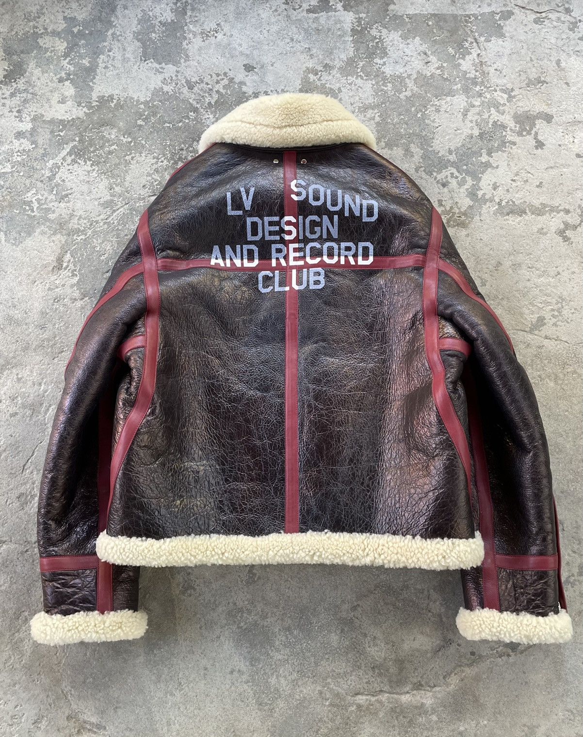image of Louis Vuitton x Virgil Abloh Shearling Aviator Jacket ‘Sound Design Record Club’ in Brown (Size Lar