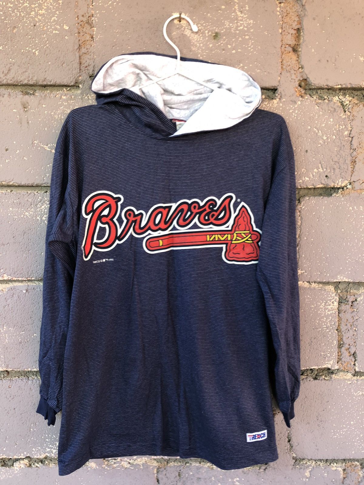 Image of 90's Vintage Atlanta Braves Mlb Made In Usa Hoodies in Blue Black, Men's (Size XL)