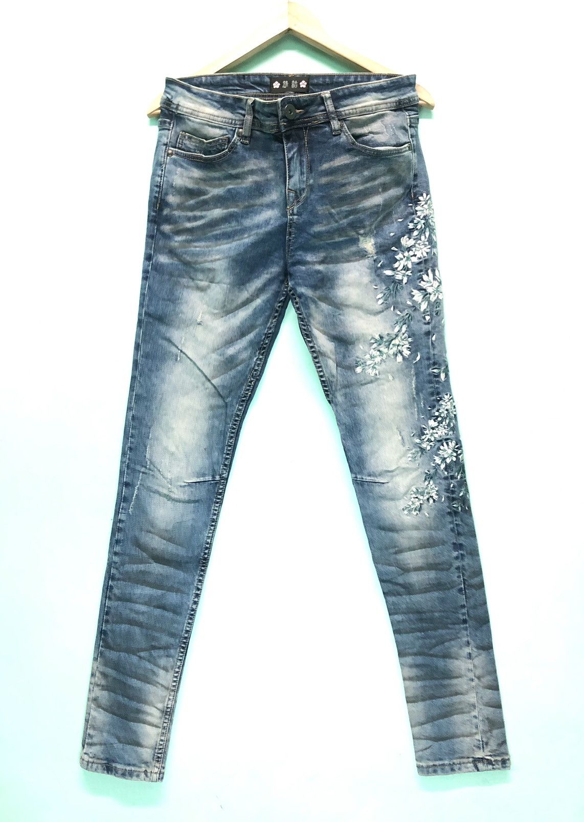image of Sakura Embroidered Slim Skinny Jeans in Blue, Men's (Size 30)
