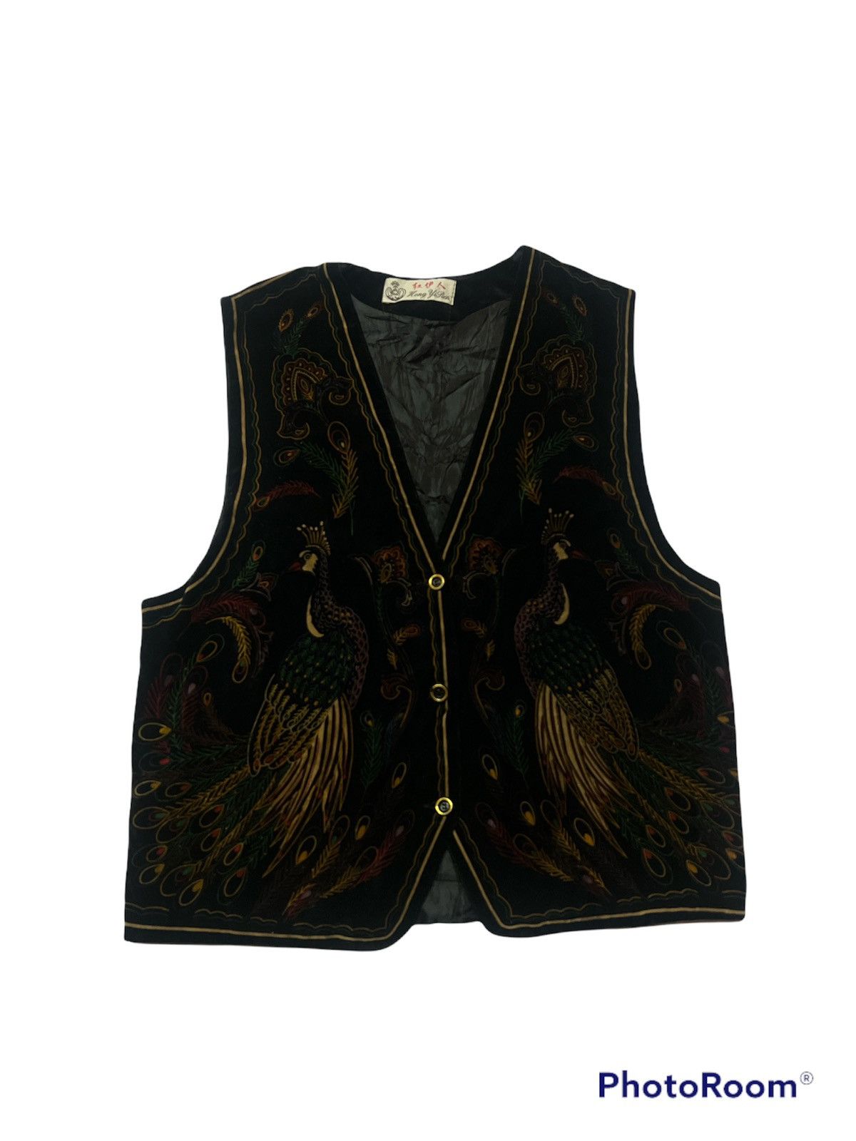 image of Vintage Velvet Peacock Vest in Black, Men's (Size Small)