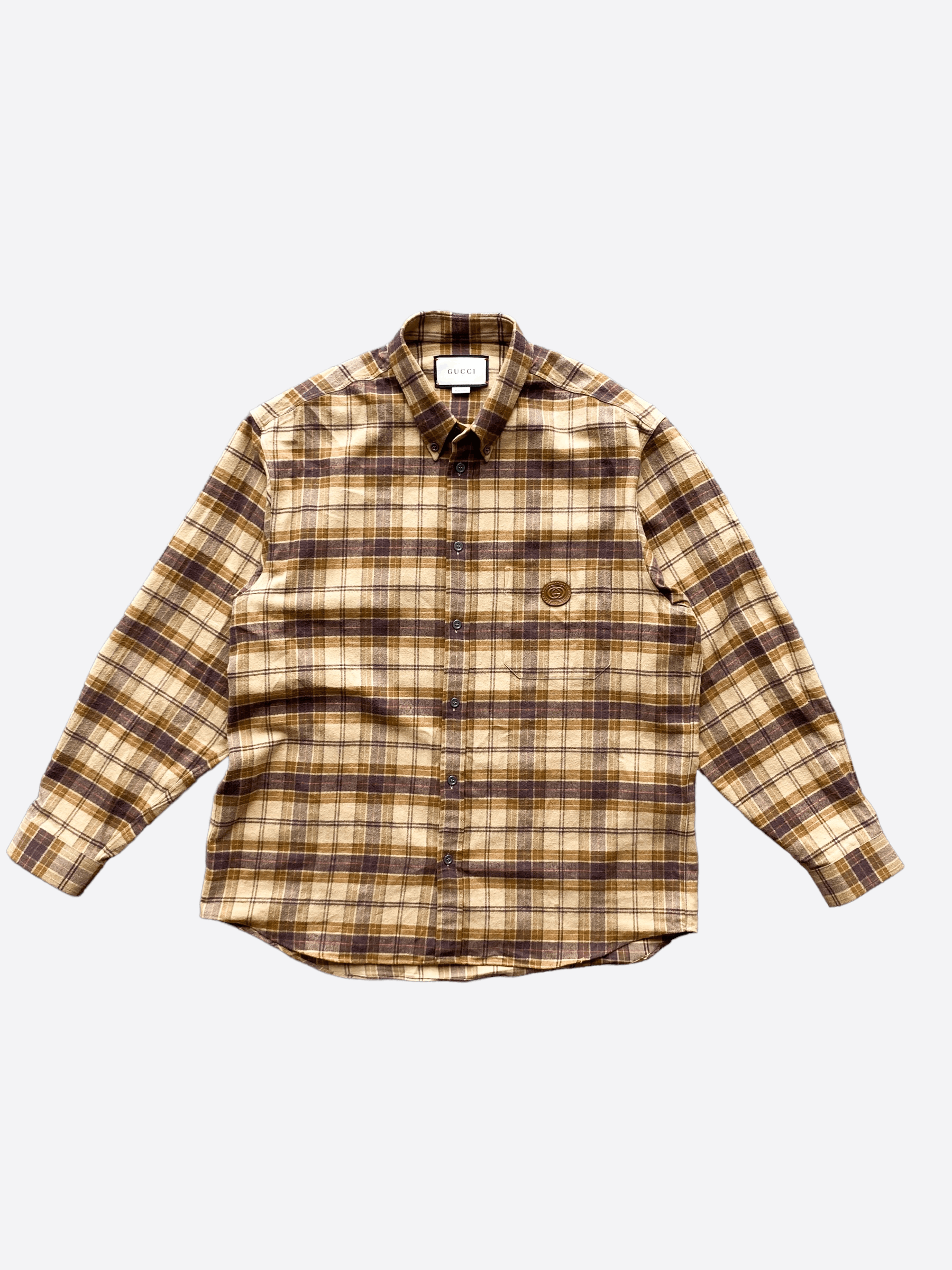 image of Gucci GG Brown Checked Flannel Shirt, Men's (Size XL)