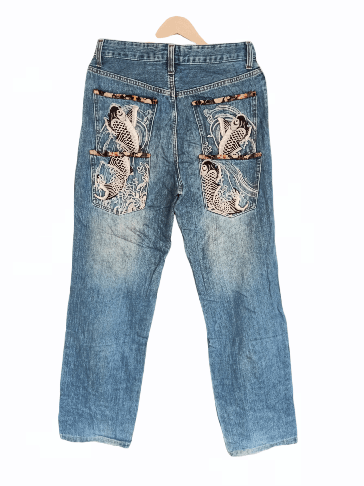 Japanese Brand Memory Special Japanese Fish Koi Embroidery Jeans Size US 33 - 2 Thumbnail