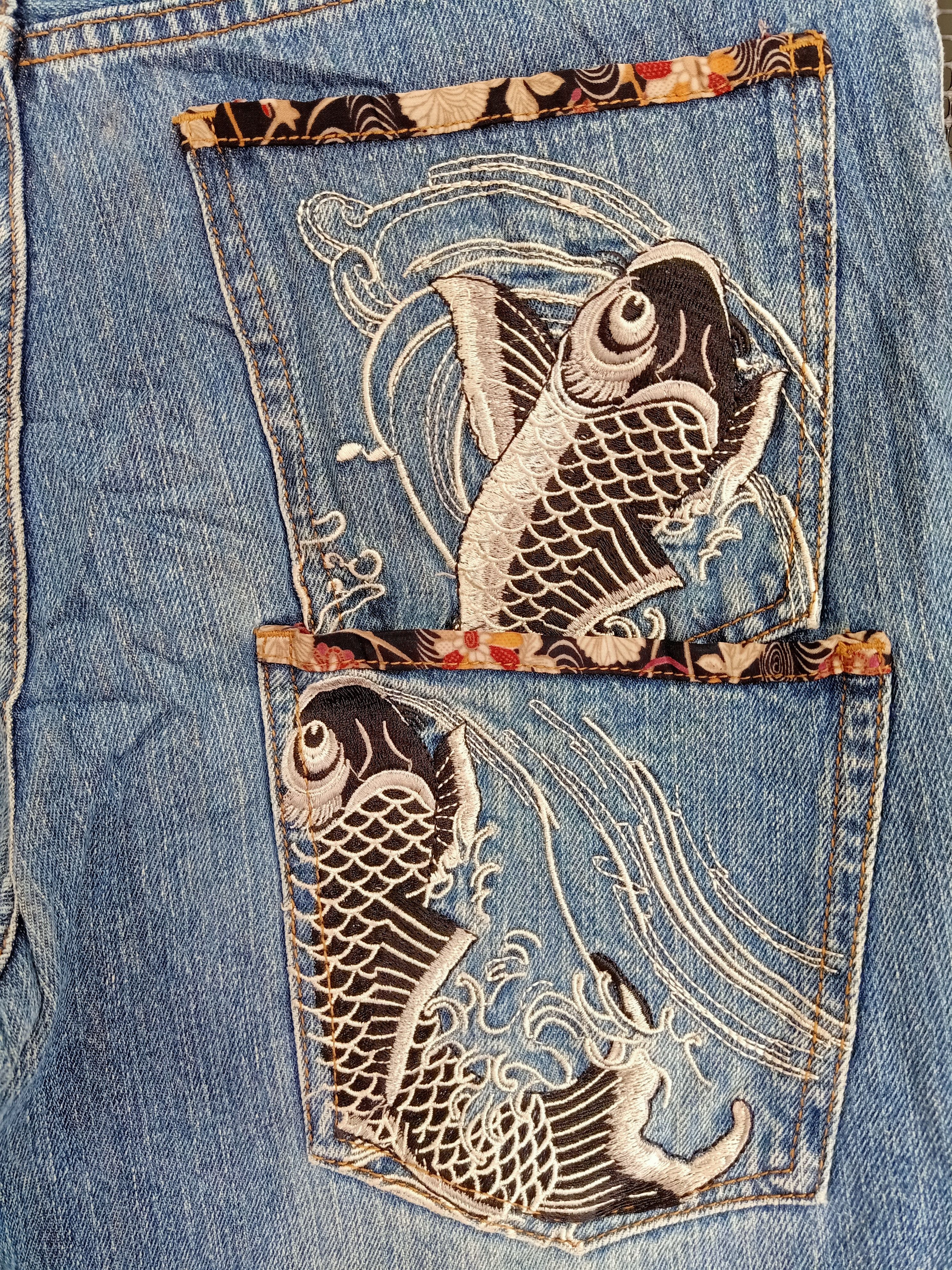 Japanese Brand Memory Special Japanese Fish Koi Embroidery Jeans Size US 33 - 5 Thumbnail