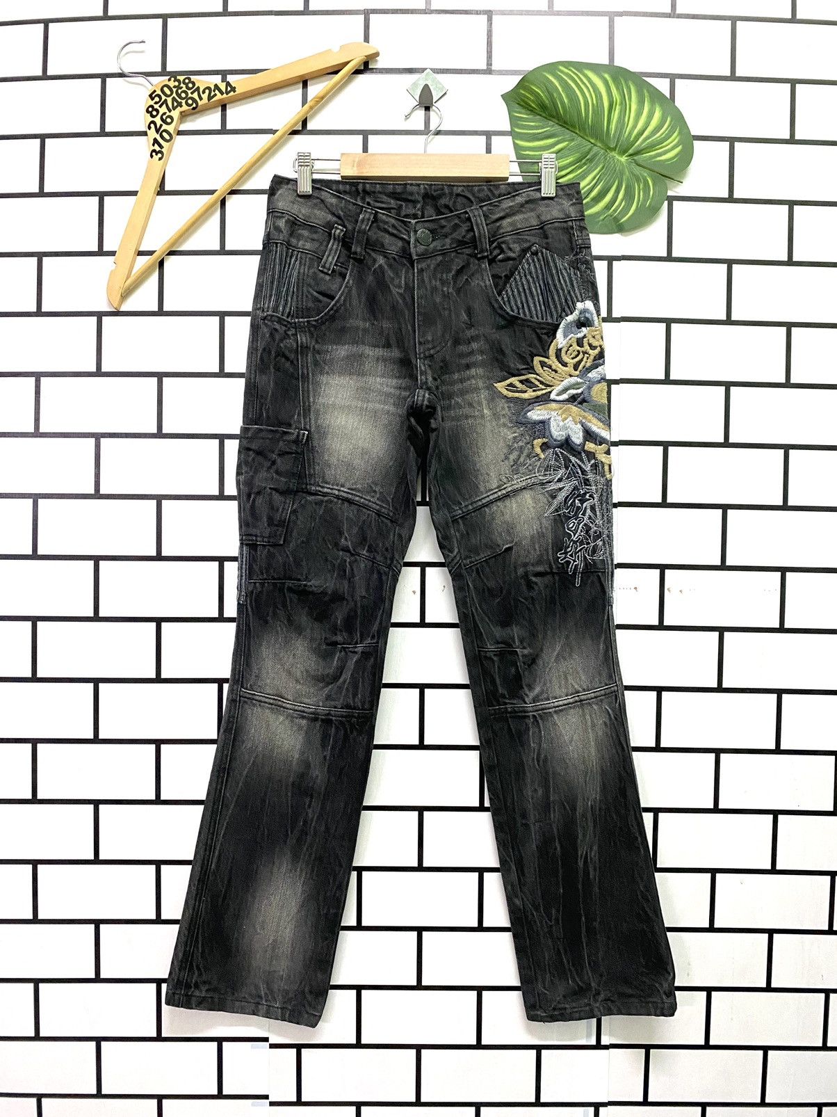 image of Art I2N Jeans Floral Motive Embroidered Korea Made Denim Pants in Black, Men's (Size 28)