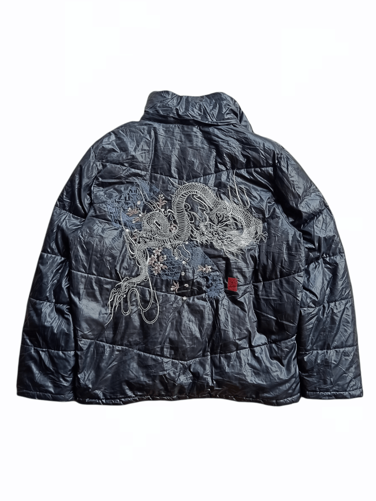 Distressed Karakuri Tamashi Dragon Embroidery Puffer Jacket