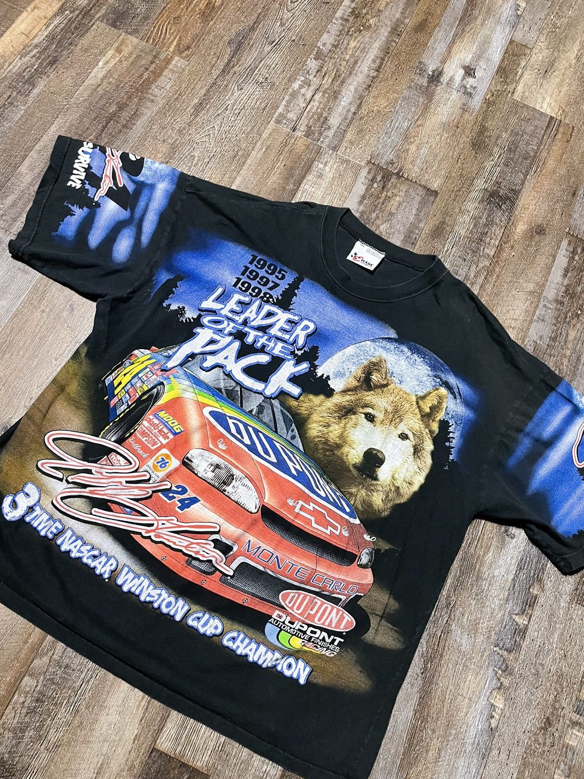 image of 90's Nascar Jeff Gordon All Over Print Wolf T Shirt in Black, Men's (Size 2XL)