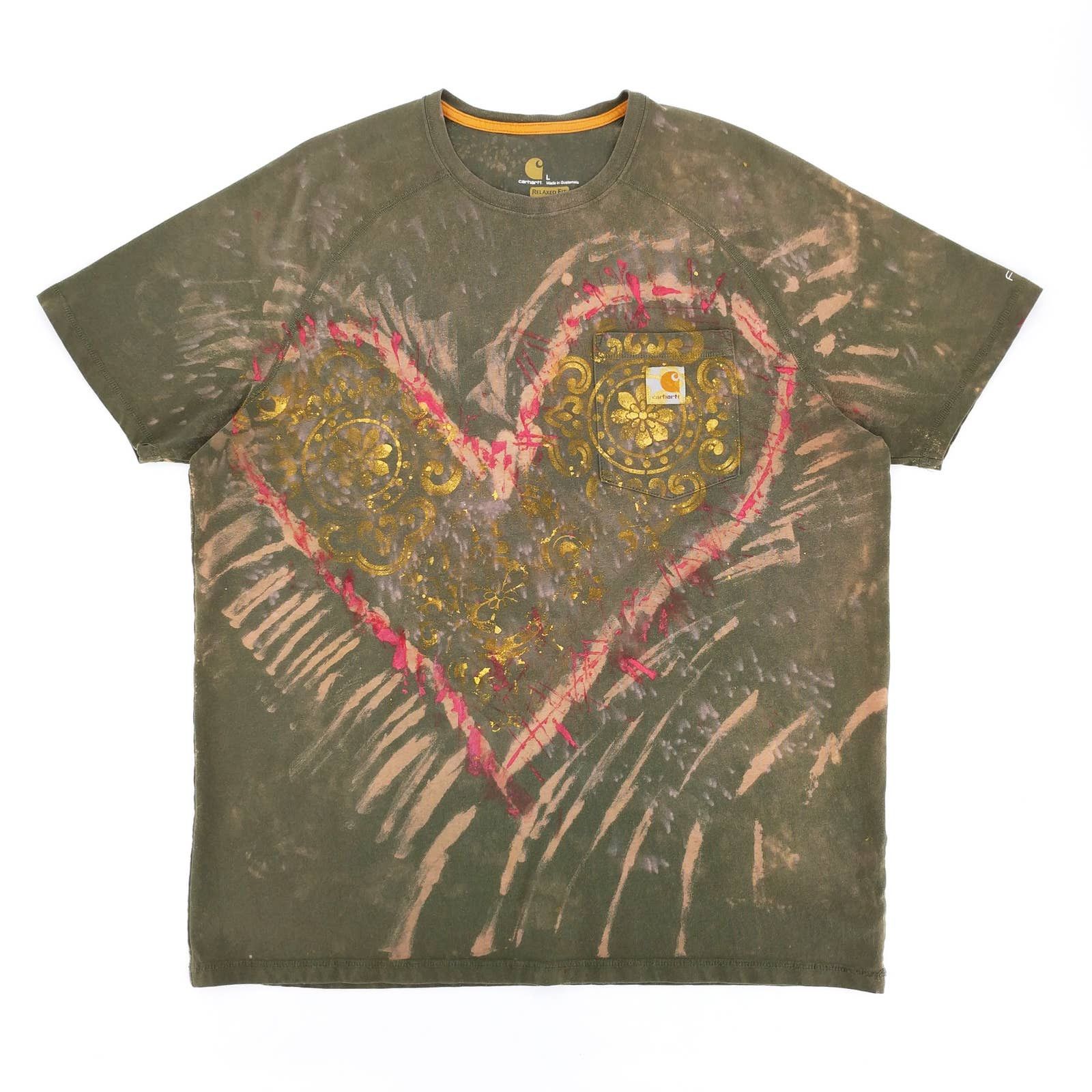 Carhartt Custom Painted Bleached Tie Dye Heart T-Shirt L