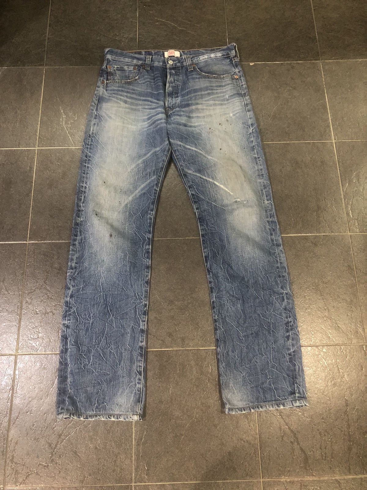 image of Steal Levis 501 Lightning Washed Blue Distressed Denim, Men's (Size 34)