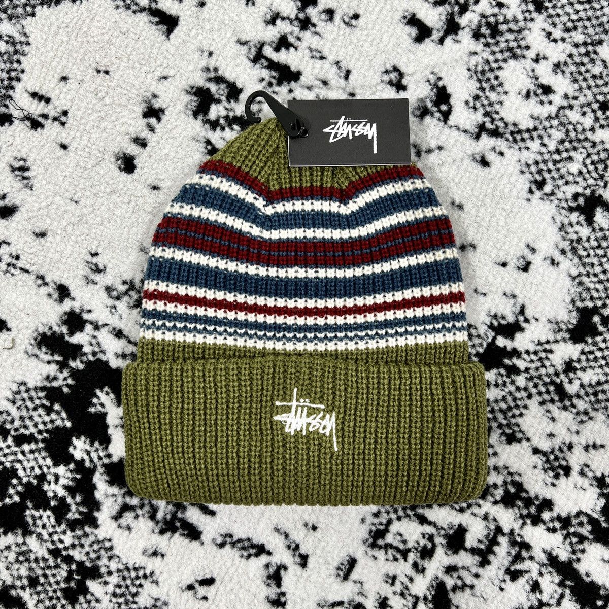 Streetwear × Stussy × Vintage STUSSY STRIPED CUFF BEANIE HAT - OLIVE - OS |  Grailed