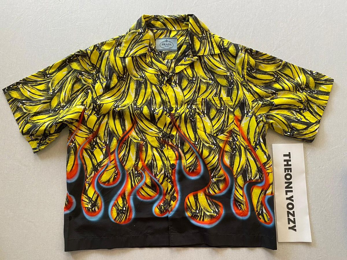 Pre-owned Prada Fw18 Banana Flames Print Shirt Bowling Size L In Multicolor