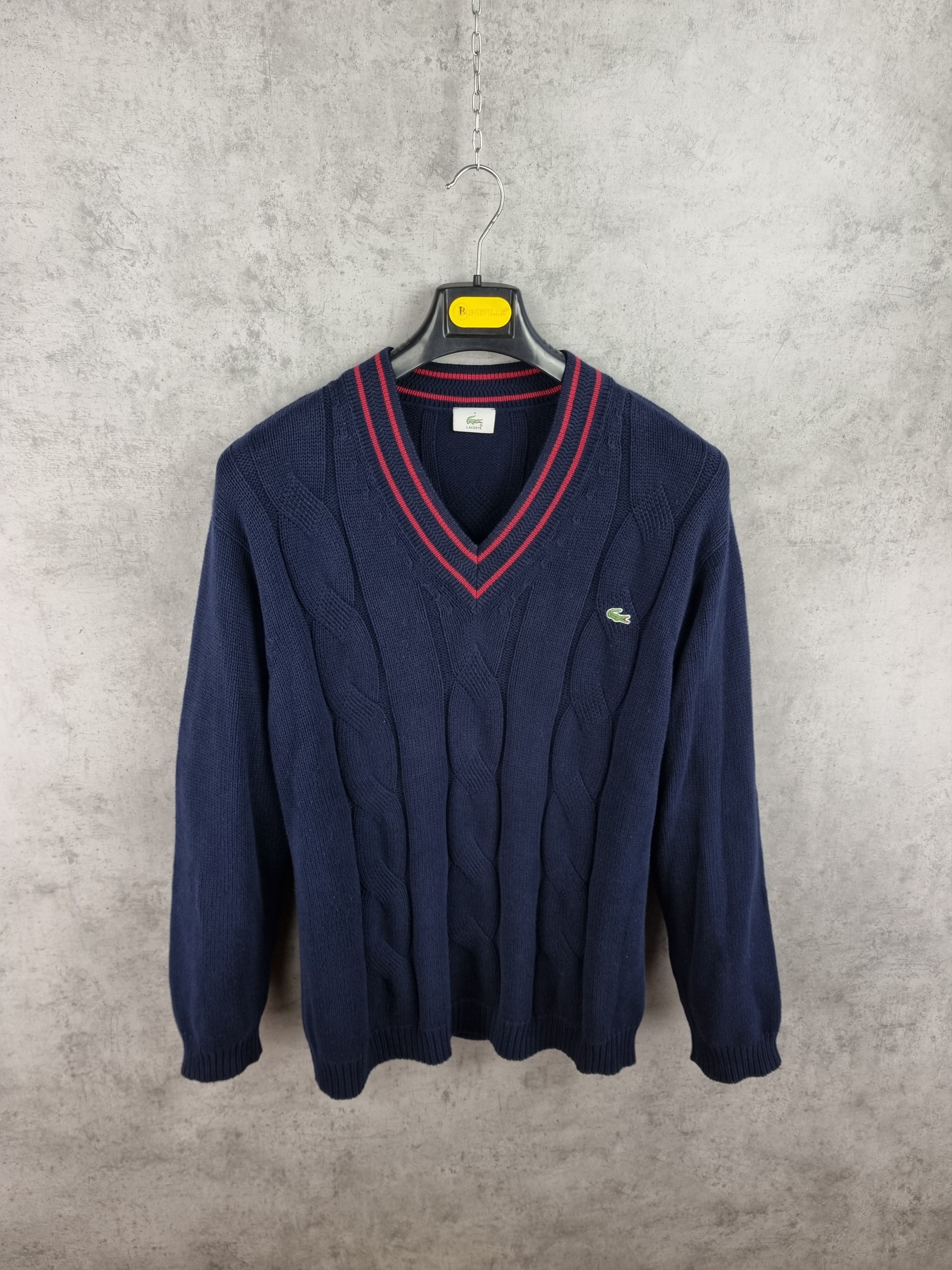 Lacoste × Vintage Lacoste Cable Knitted V Neck Navy Sweater Size US M / EU 48-50 / 2 - 2 Thumbnail
