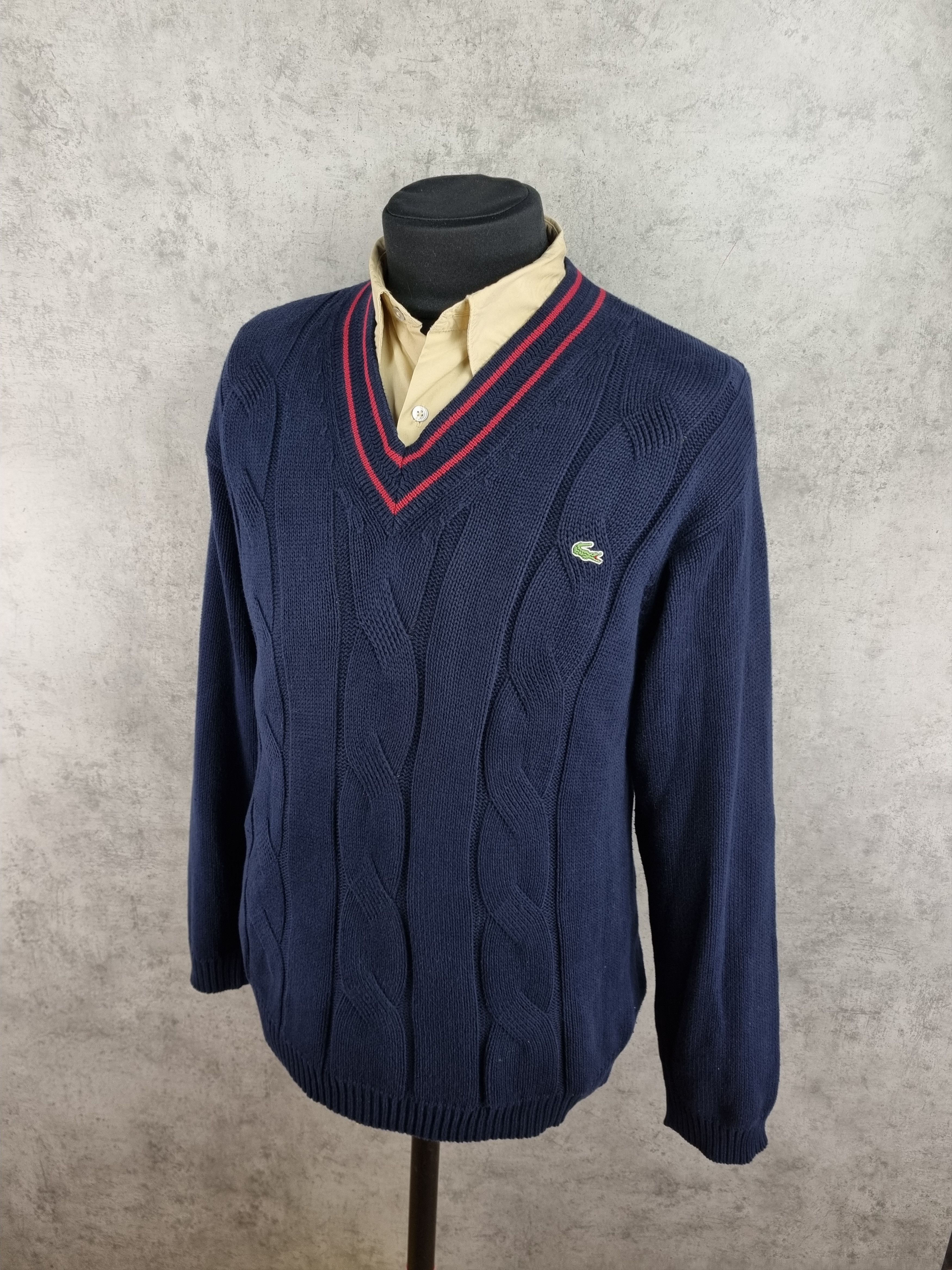 Lacoste × Vintage Lacoste Cable Knitted V Neck Navy Sweater Size US M / EU 48-50 / 2 - 4 Thumbnail