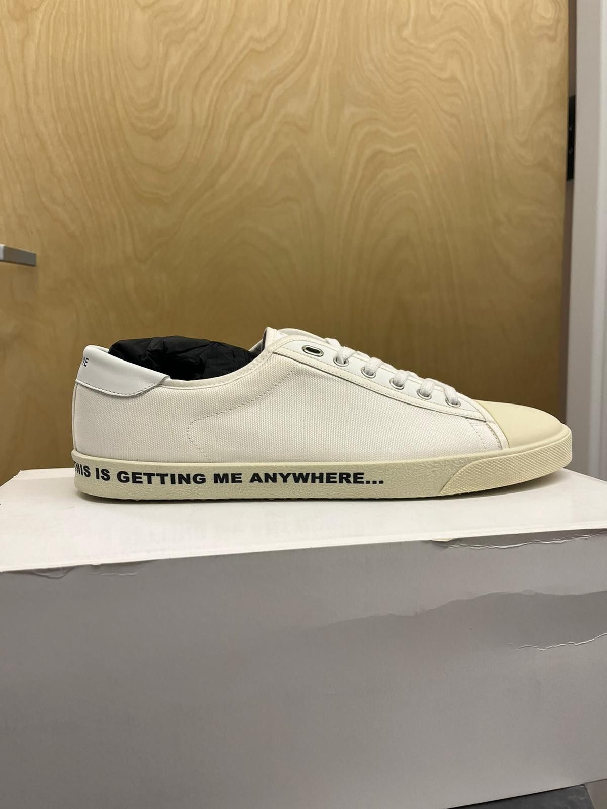 image of Celine Low Top Blank Canvas I Still Dont Know Sneakers in White, Men's (Size 11)