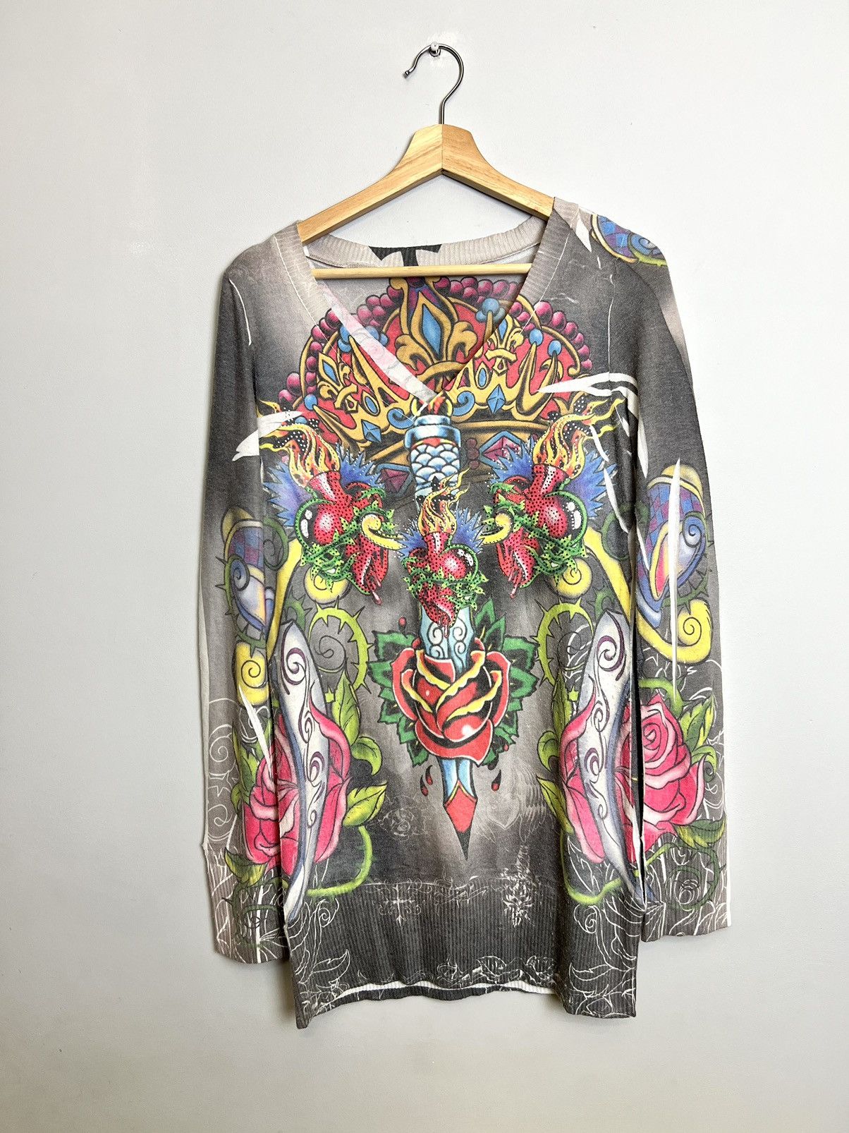 image of Avant Garde x Ed Hardy Vintage Y2K Ed Hardy Vibe Knit Mid Dress Tunic Drip Hype in Black, Women's (