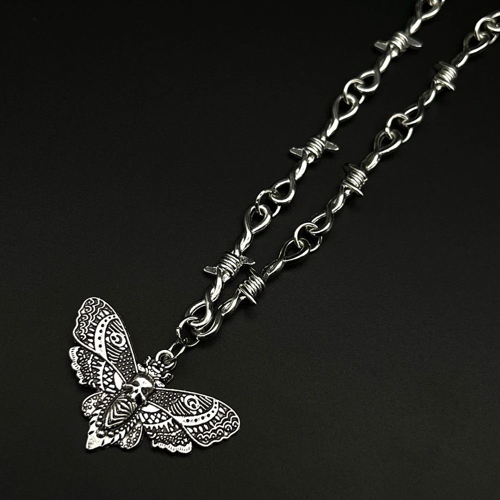 Jewelry Goth Moth Skull Barbed Wire Cross Pendant Choker Necklaces Size ONE SIZE - 2 Thumbnail
