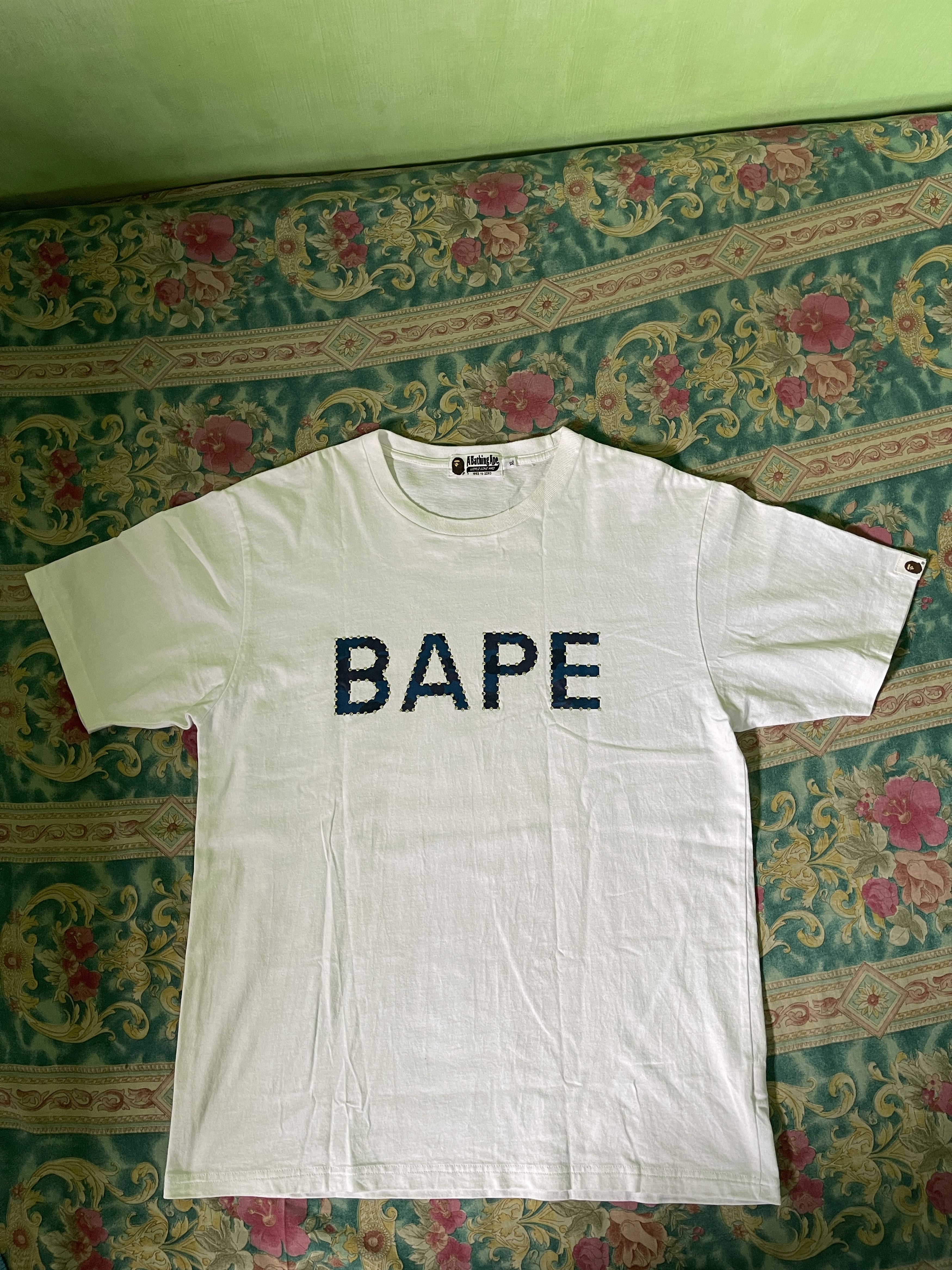 image of Bape Spell Out Swarovski Blue Camo Logo T-Shirt in White, Men's (Size XL)