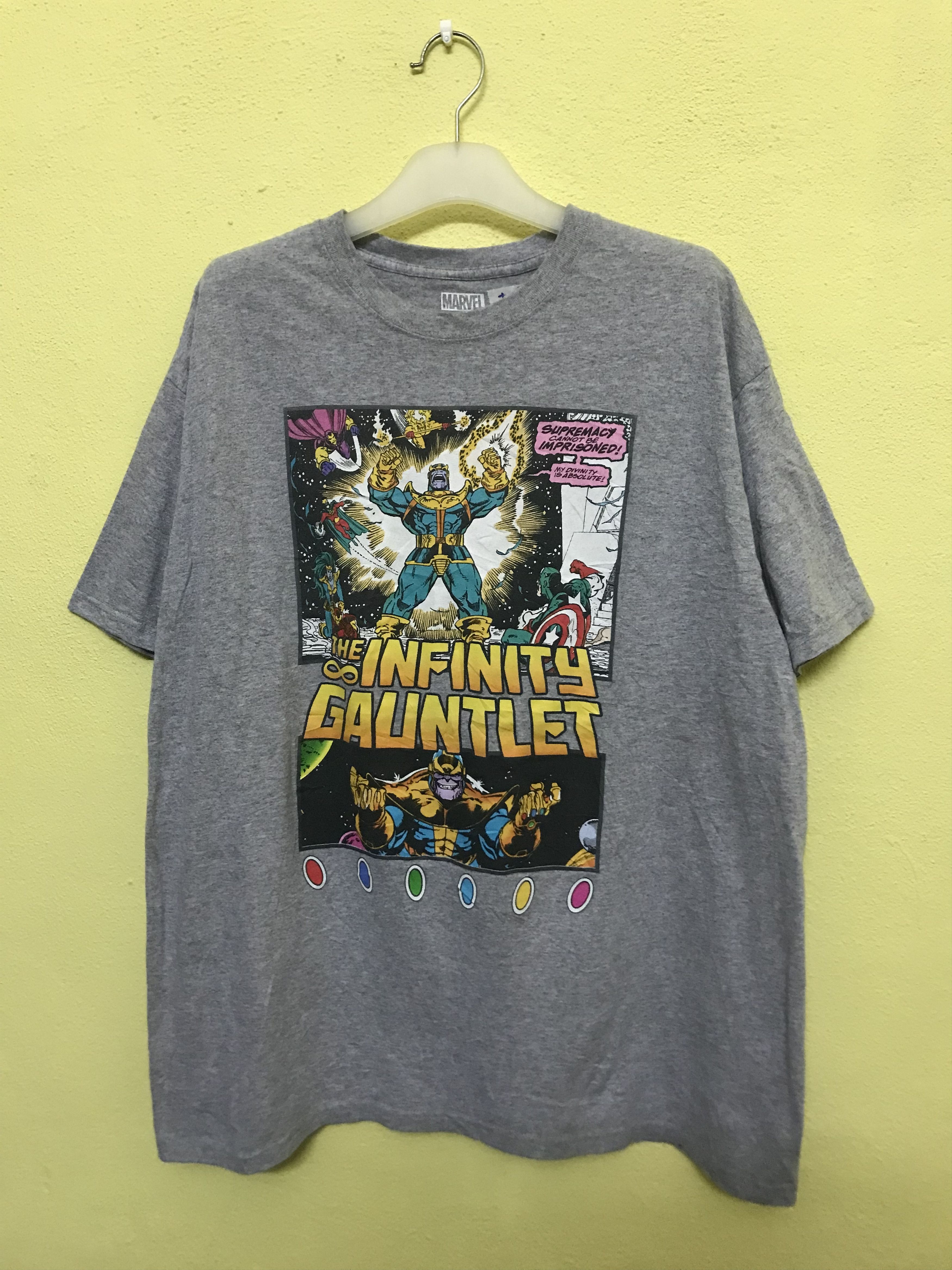 Image of Cartoon Network x Marvel Comics Thanos Marvel Infinity Gauntlet Tees in Grey, Men's (Size XL)