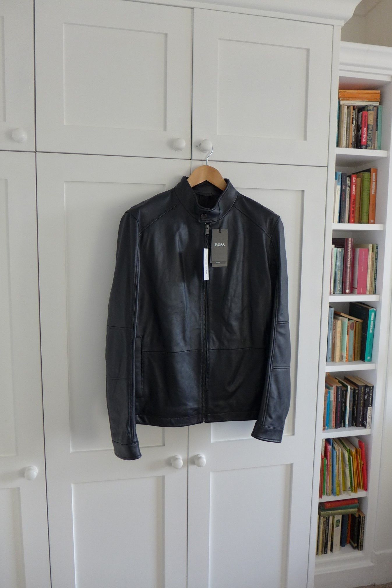 image of Hugo Boss Café Racer Jacket - Black Lambskin Leather, Men's (Size Large)