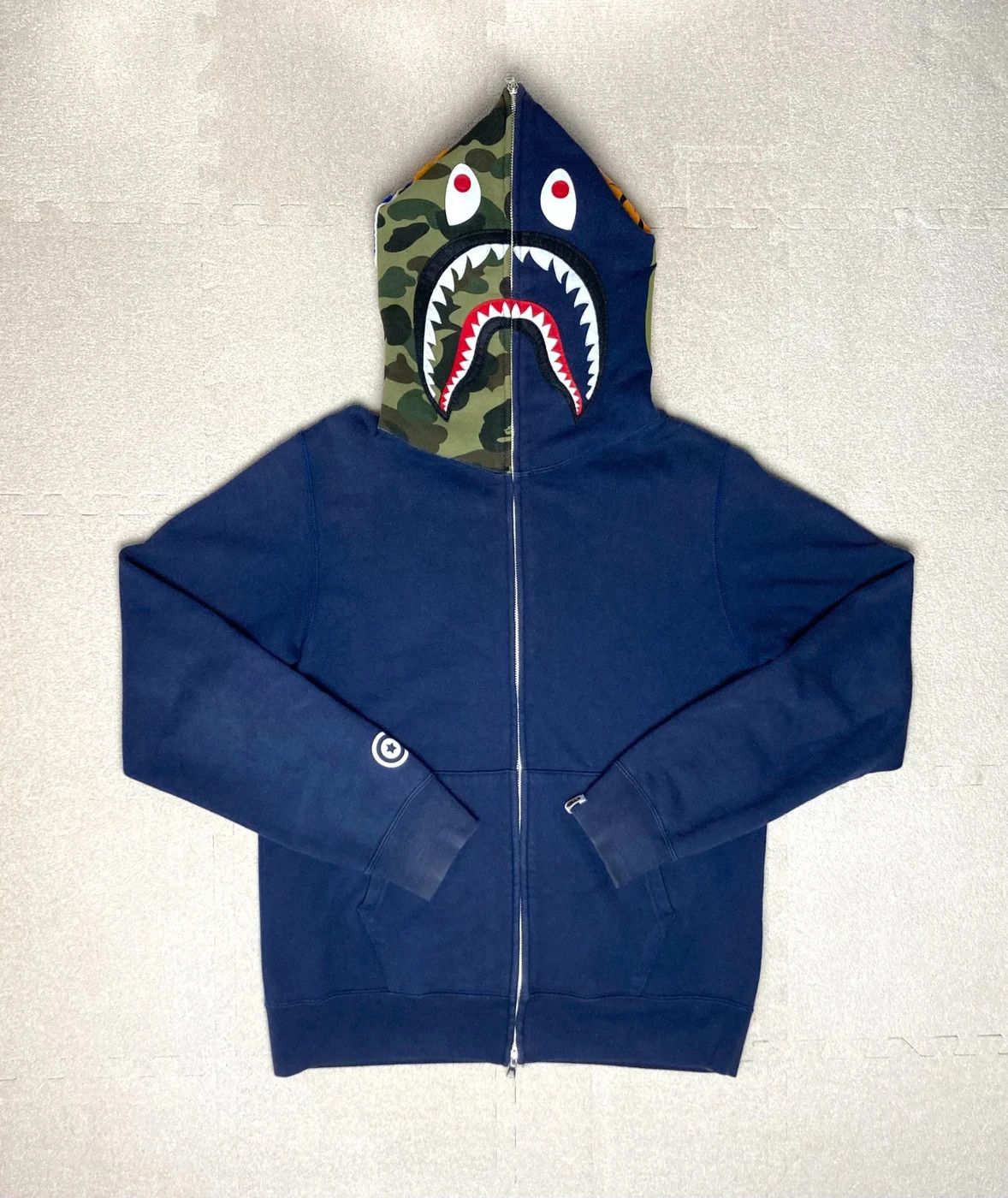 image of Bape Navy 1St Camo Green Half Shark Full Zip Hoodie L, Men's (Size Large)