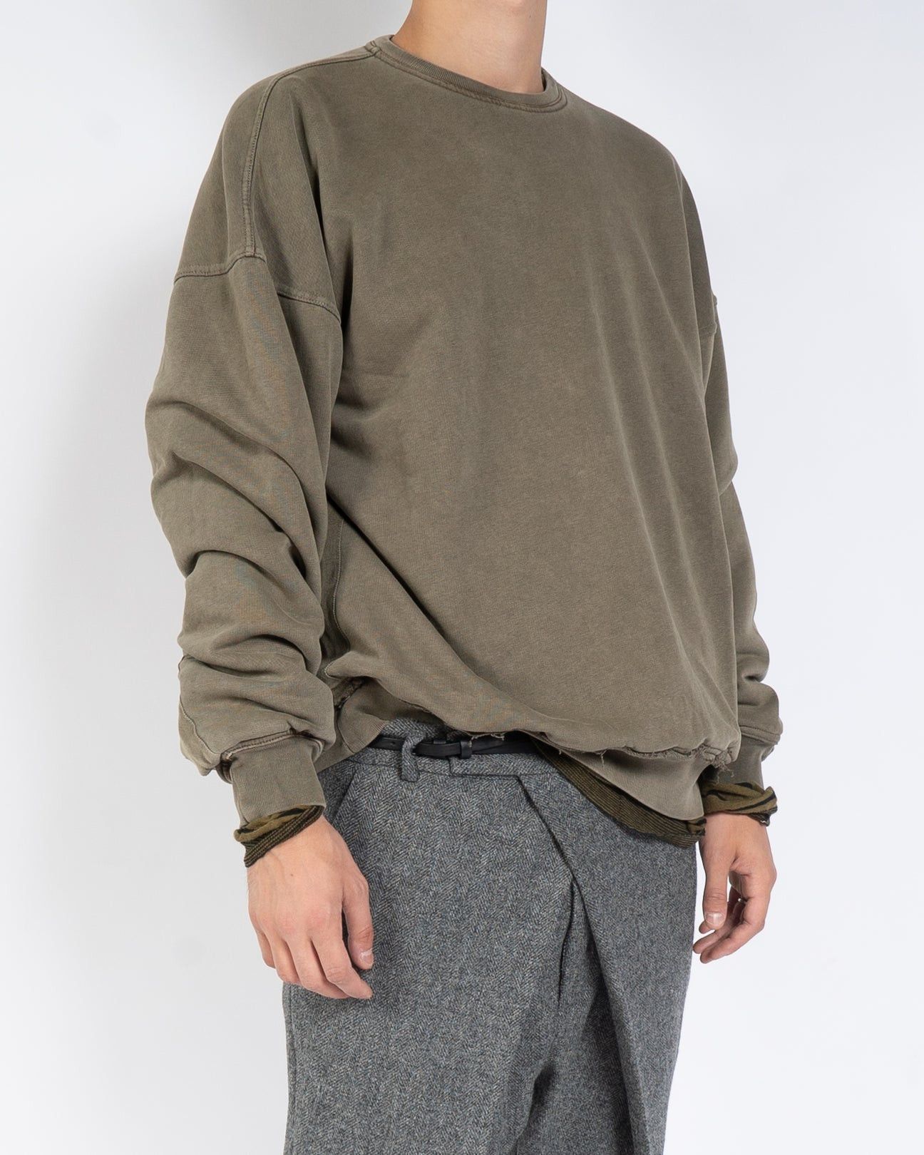 Haider Ackermann FW14 Distressed Double Layer Crewneck Khaki Green Size US L / EU 52-54 / 3 - 4 Thumbnail