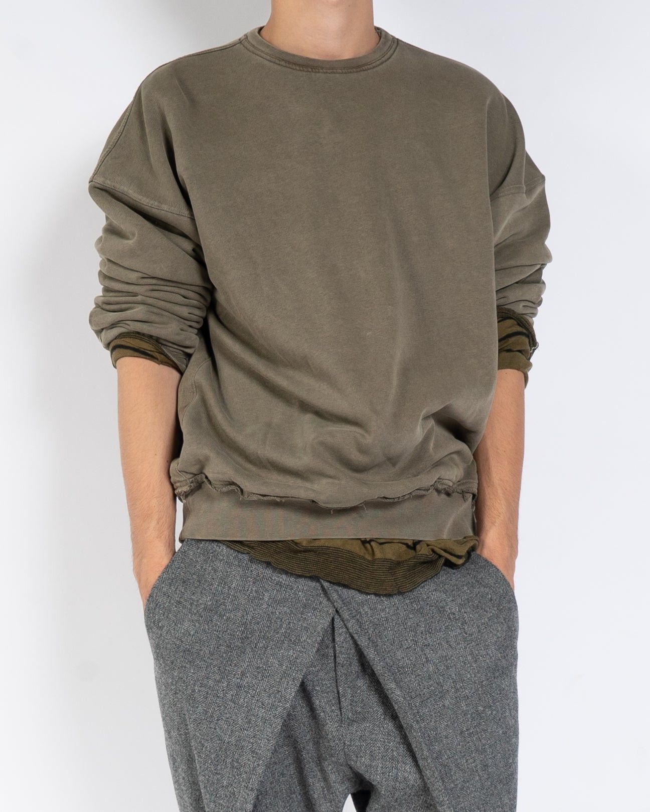 Haider Ackermann FW14 Distressed Double Layer Crewneck Khaki Green Size US L / EU 52-54 / 3 - 3 Thumbnail