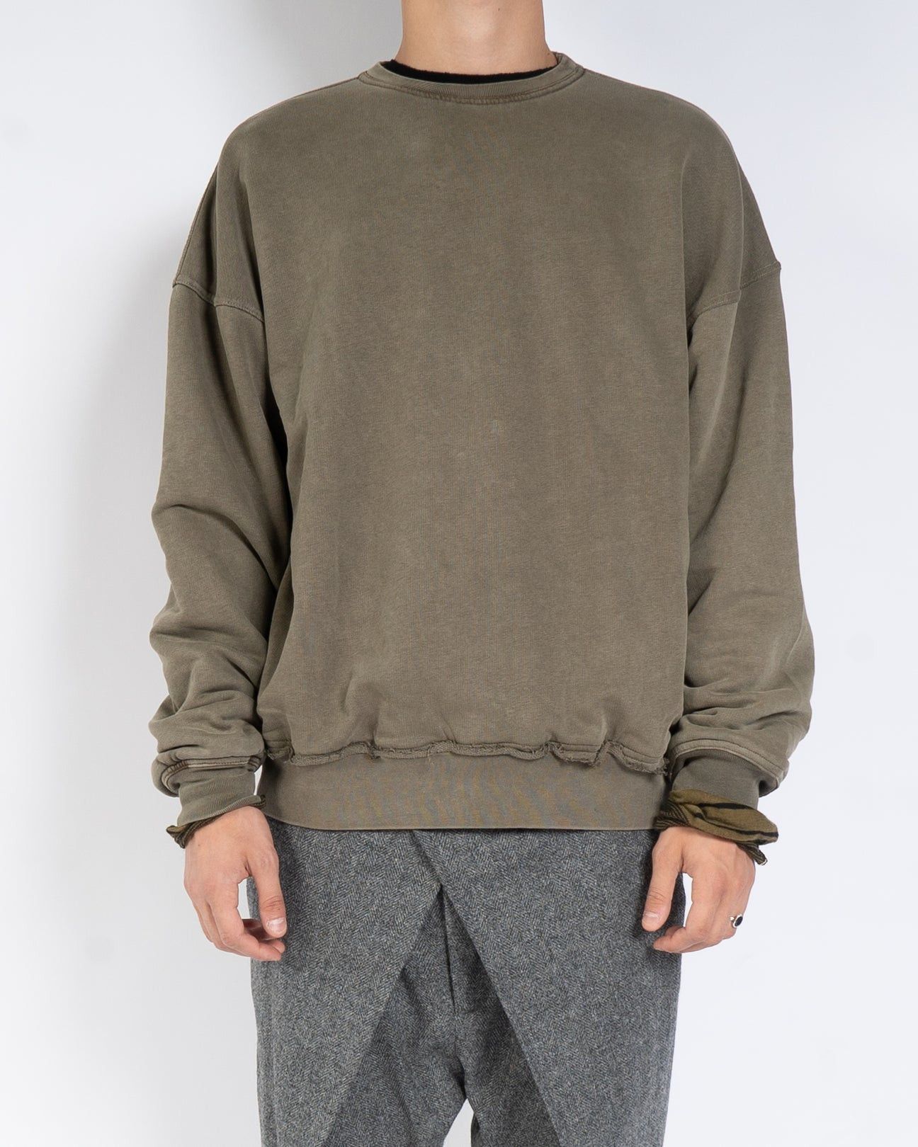 Haider Ackermann FW14 Distressed Double Layer Crewneck Khaki Green Size US L / EU 52-54 / 3 - 2 Thumbnail
