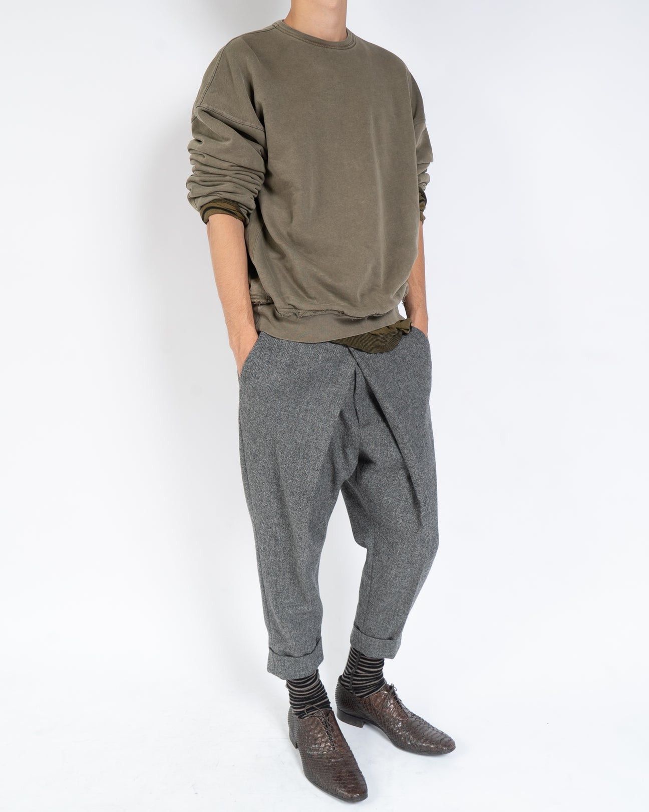 Haider Ackermann FW14 Distressed Double Layer Crewneck Khaki Green Size US L / EU 52-54 / 3 - 6 Thumbnail