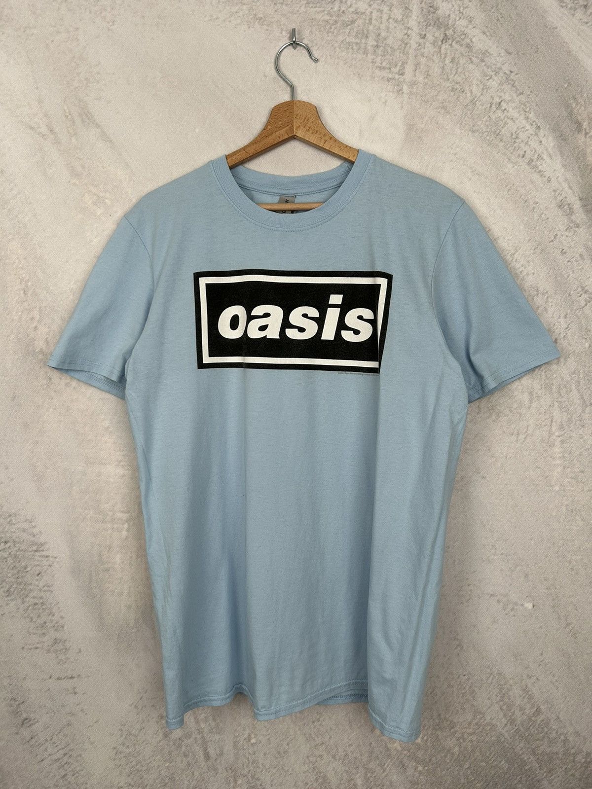 Oasis Rock Band Tee Graphic Vintage Logo Baby Blue Y2K