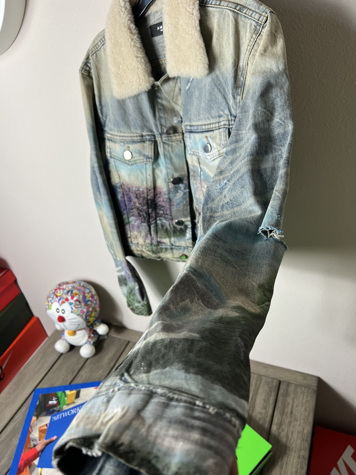 Amiri 19FW Shearling Collar Wolves Denim Trucker Jacket