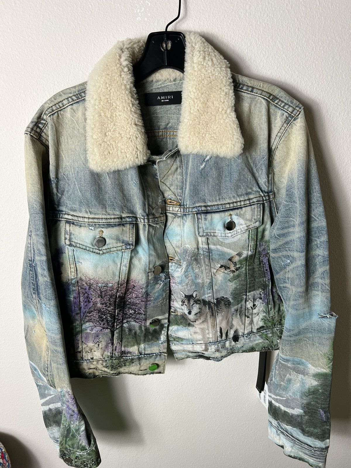 Amiri 19FW Shearling Collar Wolves Denim Trucker Jacket