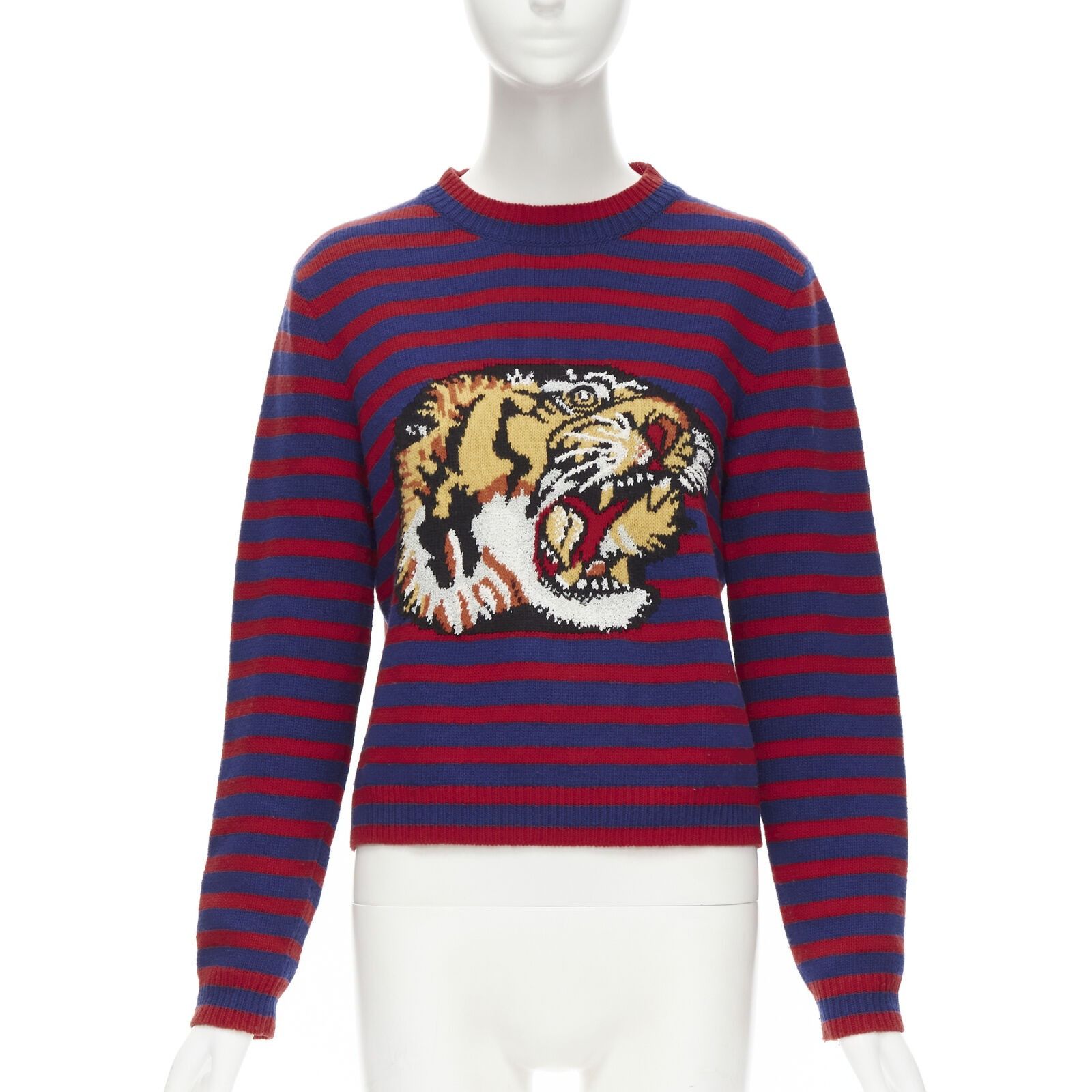 GUCCI Sweater Tiger Navy Blue Burgundy Stripes size 8 Italy Bow at Neck  pullover