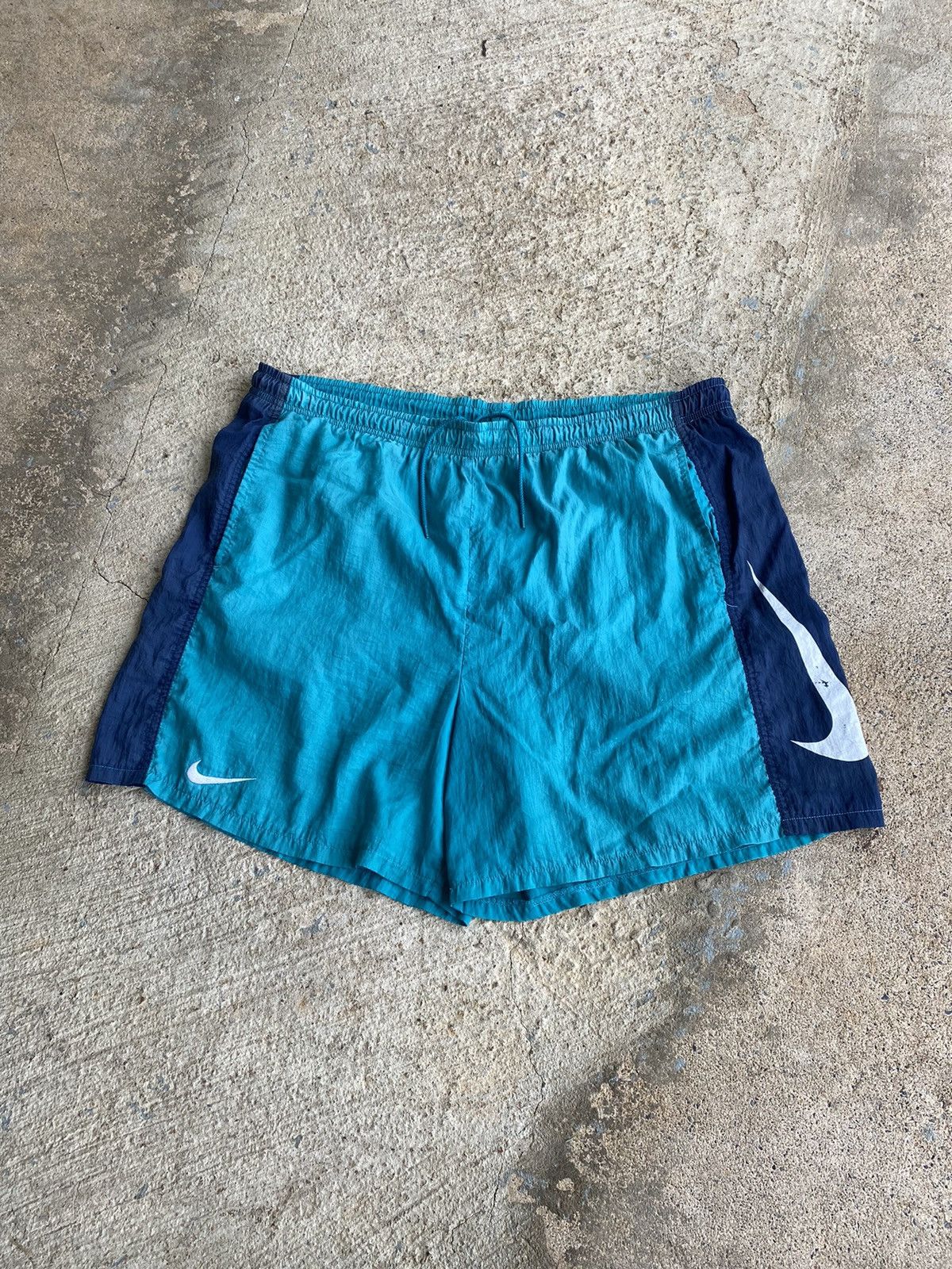Nike × Vintage Vintage 90’s Nike Big Swoosh Distressed Nylon Shorts Size US 36 / EU 52 - 1 Thumbnail