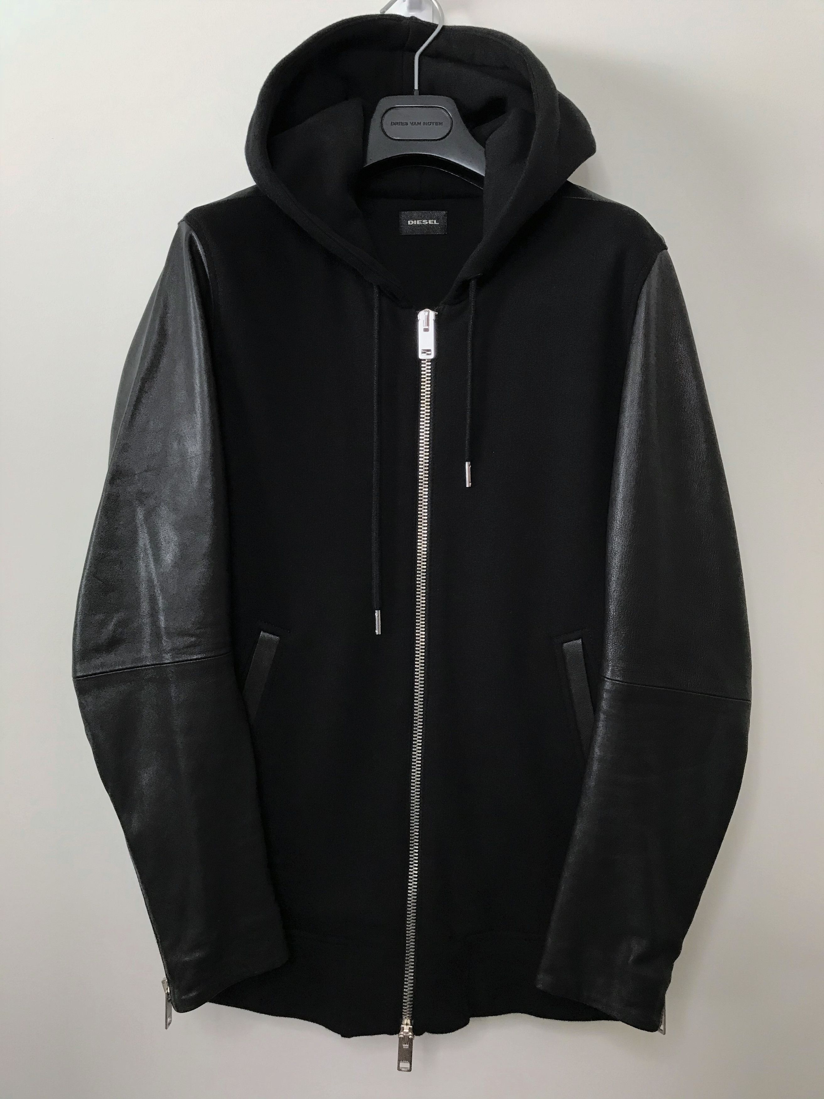 Image of Diesel Extra Small Leather Sleeve Zip Up Biker Hoodie L-Mifun in Black, Men's (Size XS)