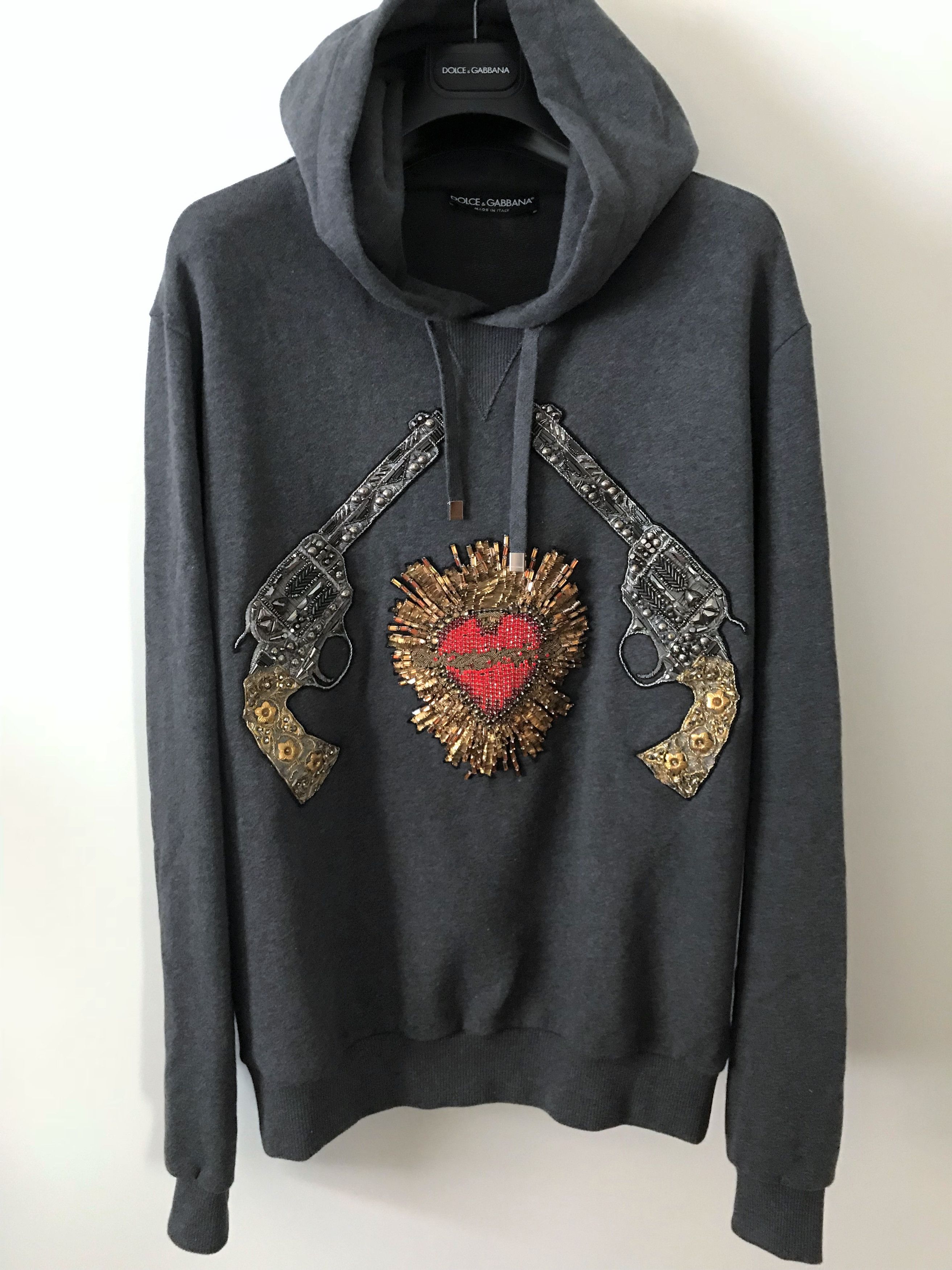 image of Dolce Gabbana Eu46 Sacred Heart Gun Patch Embroidered Sweatshirt $4600 in Grey, Men's (Size Small)