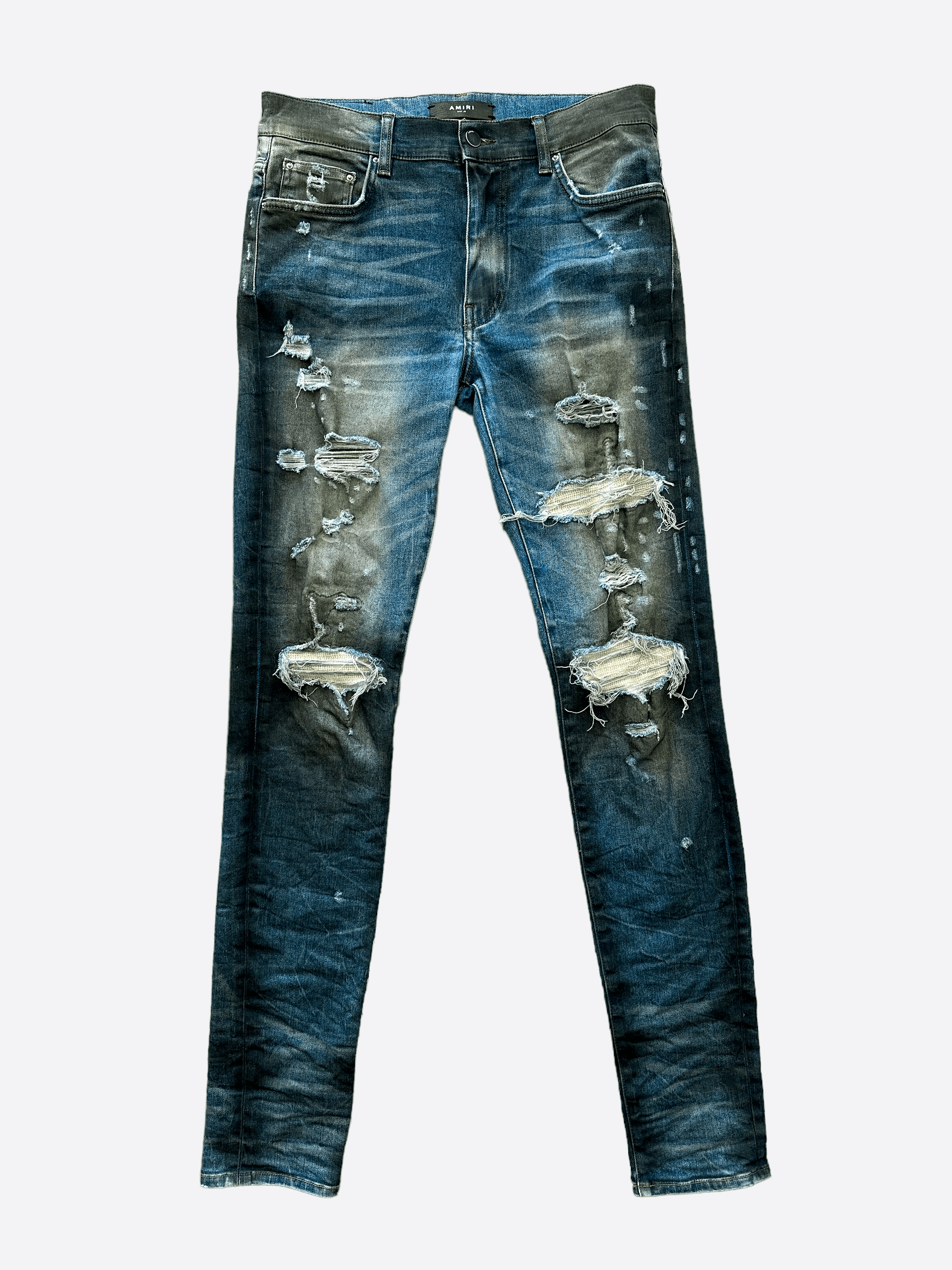 image of Amiri Dirty Indigo Cashmere Patch Mx1 Distressed Denim in Blue, Men's (Size 32)