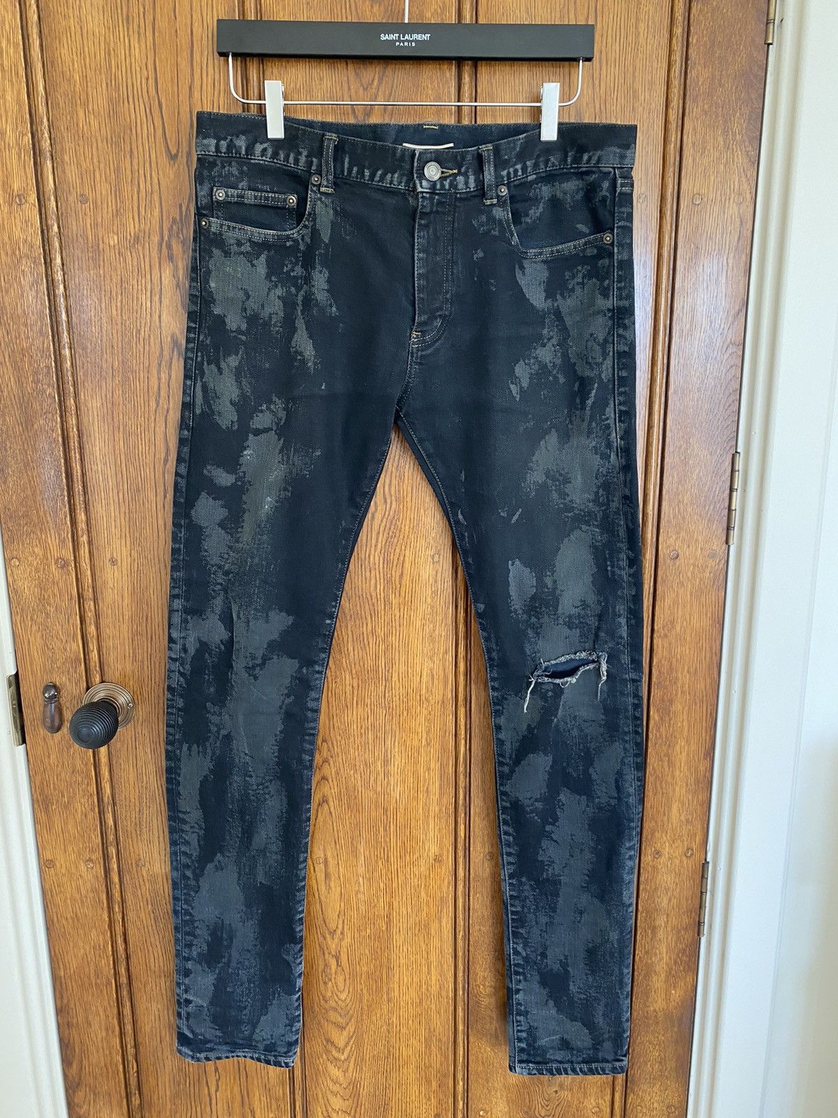 image of Fw13 Saint Laurent ‘Oil Stain’ Denim Jeans X Hedi Slimane in Black, Men's (Size 32)