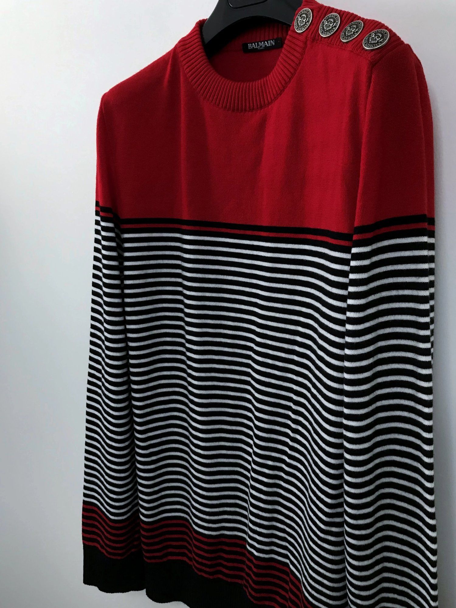 image of Balmain Striped Shoulder Medallion Button Wool Knit Sweater Fw19, Men's (Size Small)
