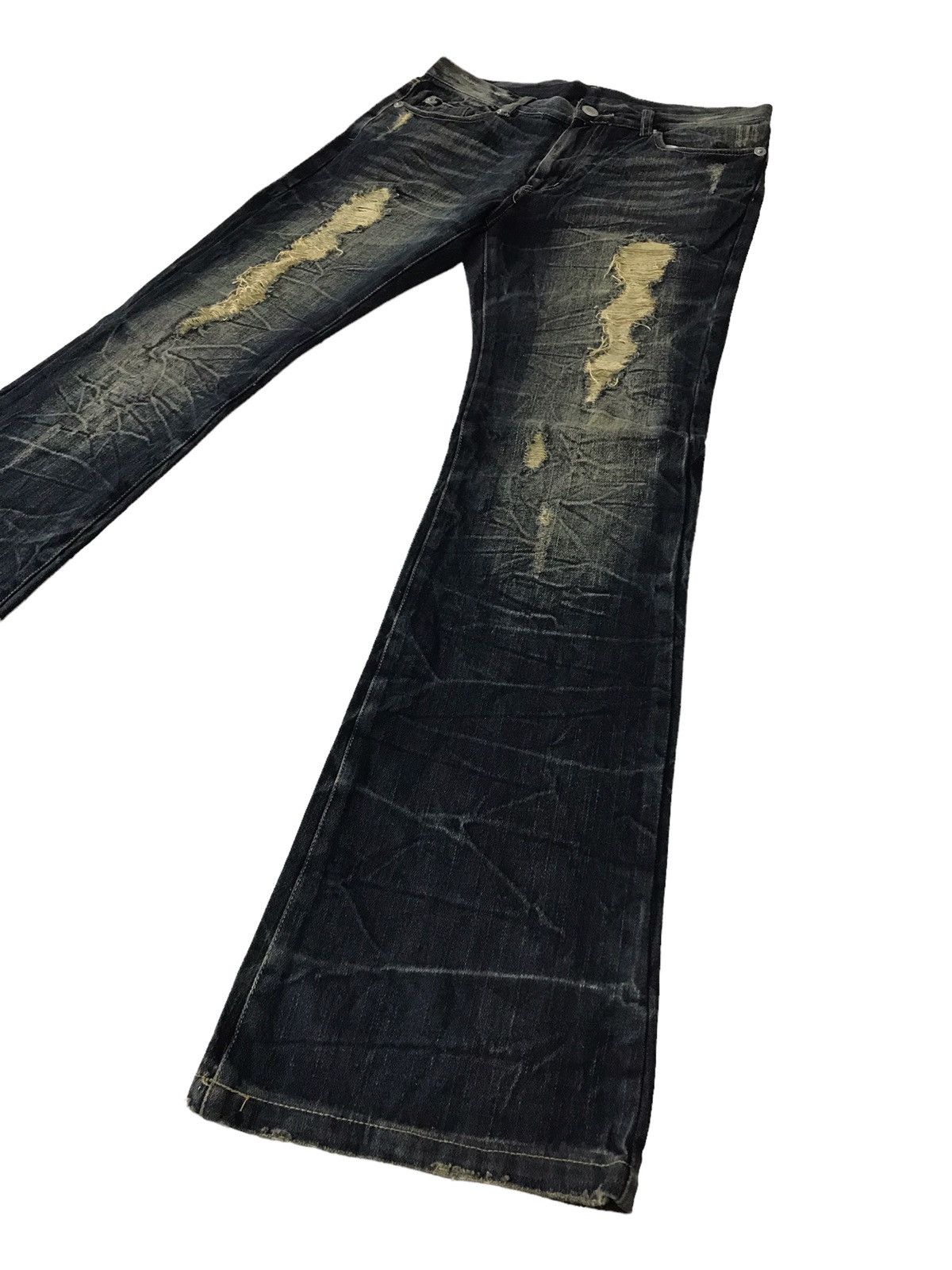 image of Distressed Denim x Hysteric Glamour Hot Flaree Ripped Bootcut Denim Pant in Washed Dark Blue (Size 