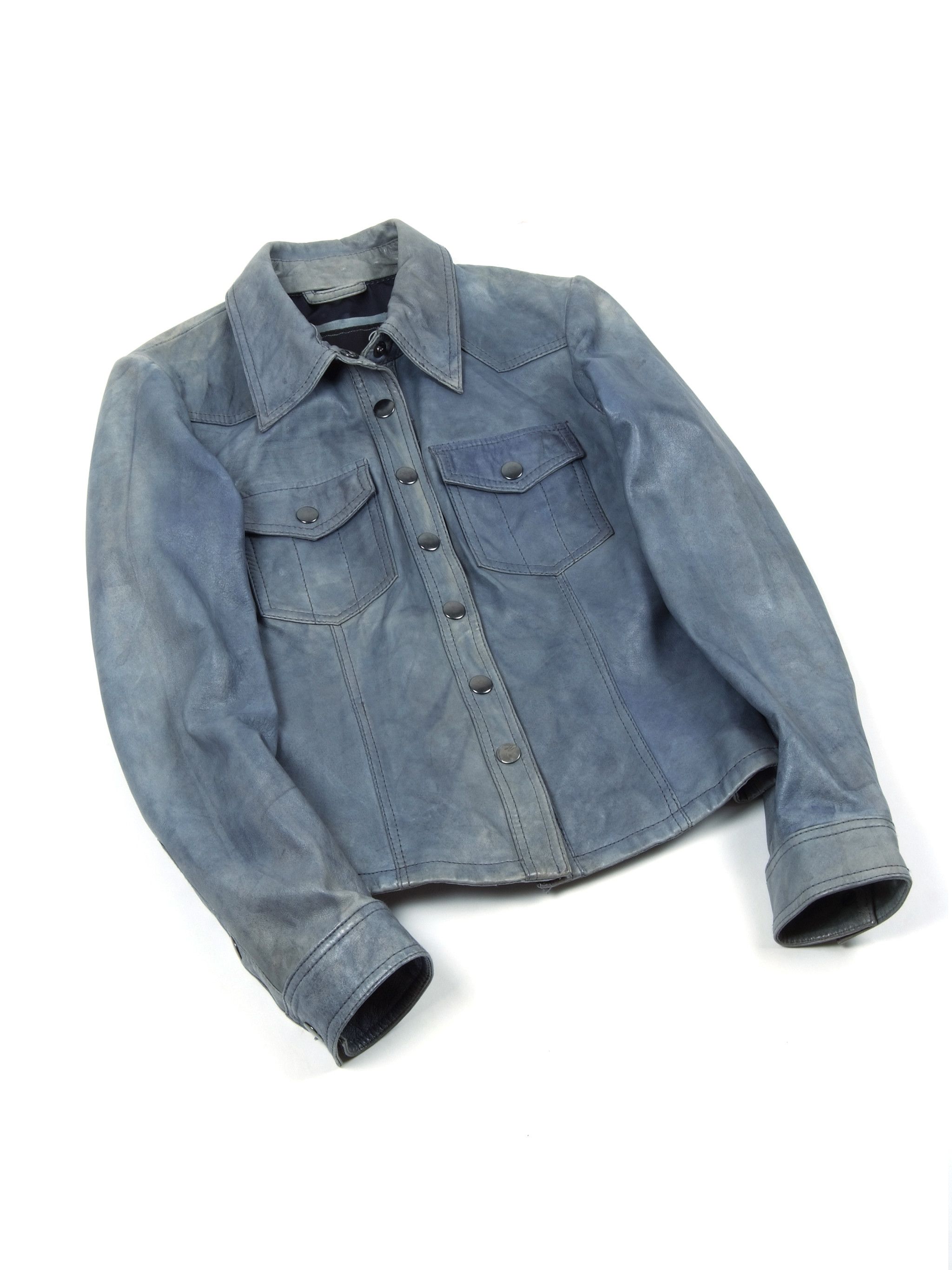 image of Allsaints x Goosecraft Distressed Leather Jacket 106 (S) in Blue, Women's (Size Small)
