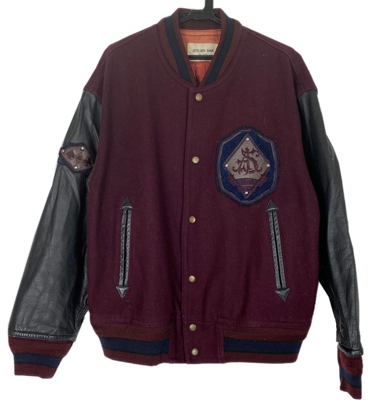 image of Avant Garde x Varsity Jacket Atelier Sab For Men Varsity Leather Jacket in Maroon Black (Size Large