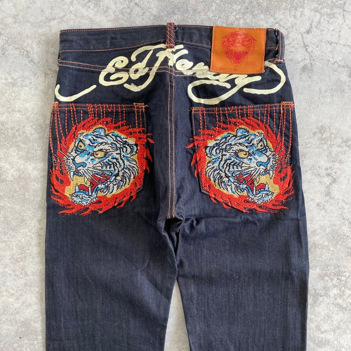 Pre-owned Christian Audigier X Ed Hardy Vintage Ed Hardy Chritian Audigier Embroidered Tiger Jeans In Indigo Blue