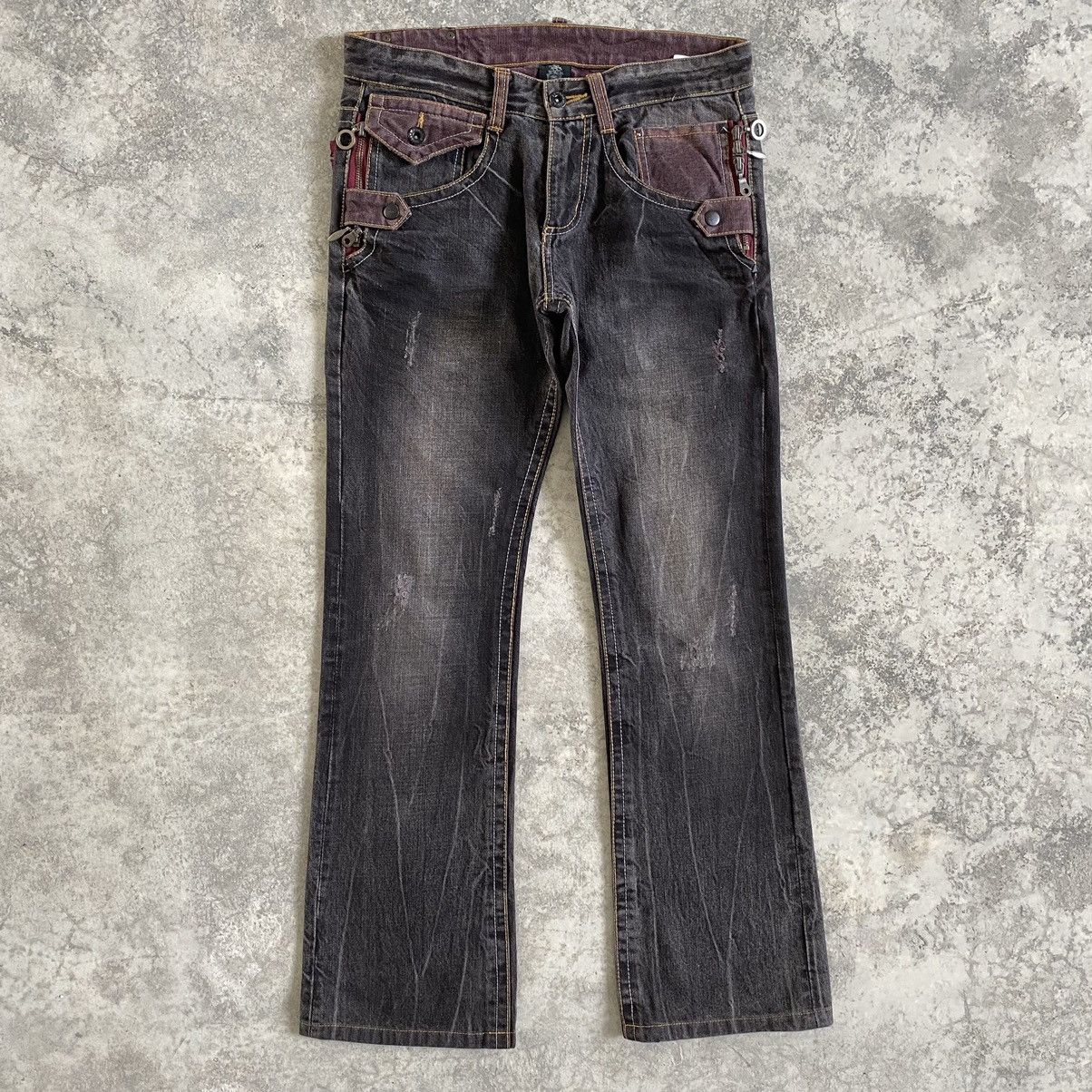 image of Distressed Denim Semantic Design Low Rise Flare Bootcut Jeans in Faded Black (Size 31)