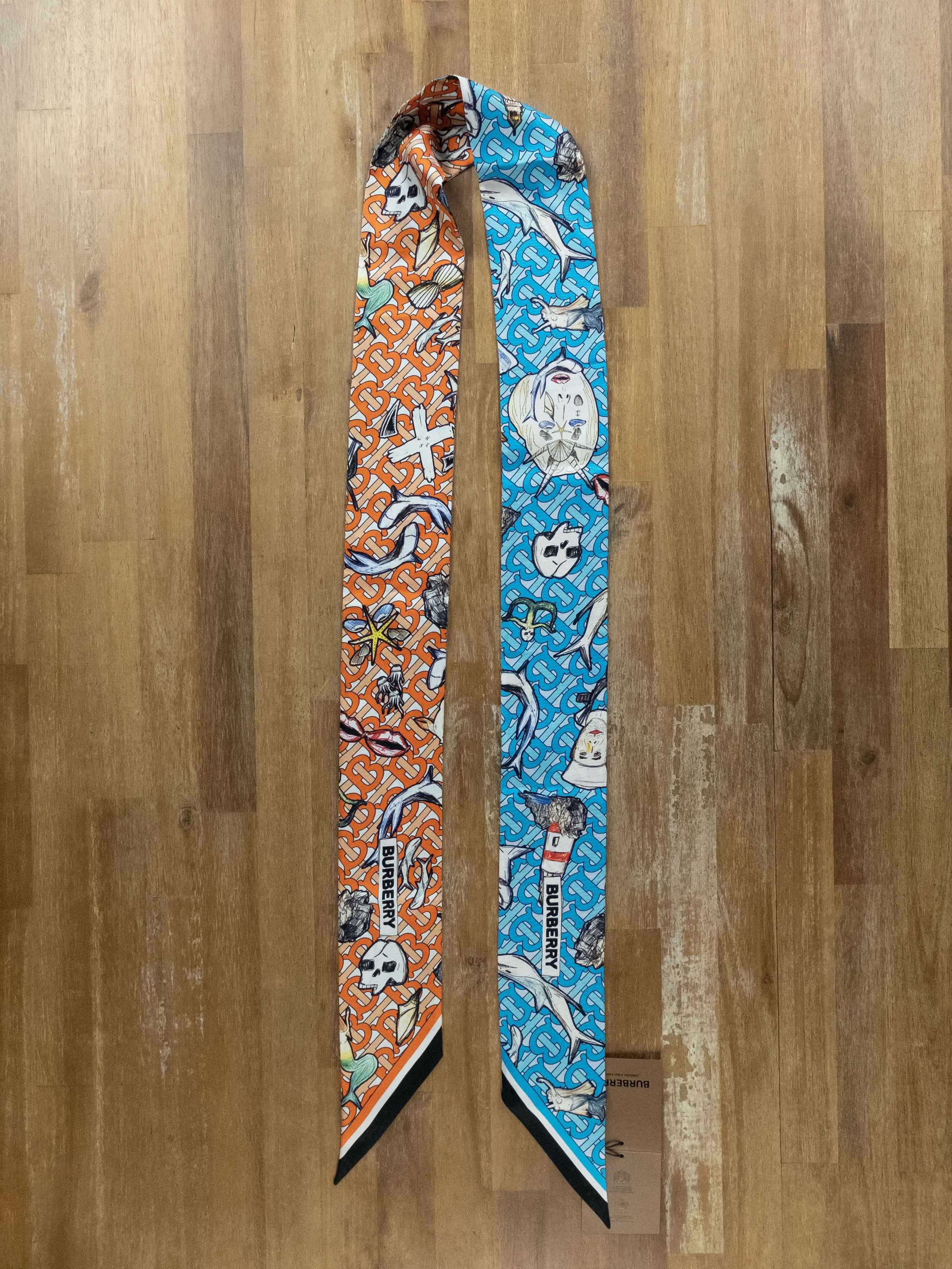 image of Burberry Ocean Sailor Reversible Twill Silk Skinny Scarf in Mix, Women's