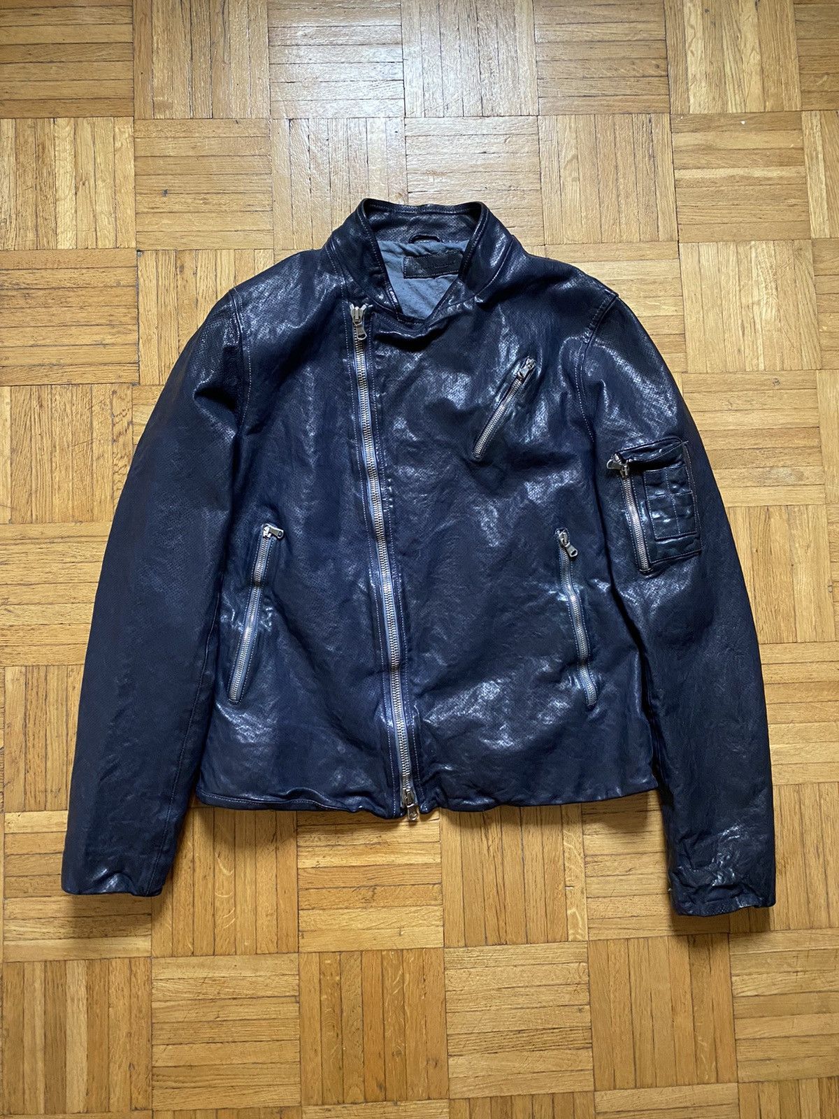 image of Officine Creative Object Dyed Biker Leather Jacket in Navy Blue, Men's (Size Large)