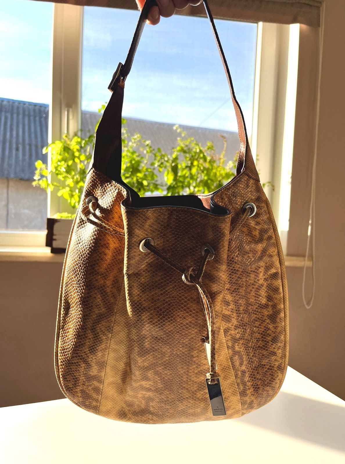 Gucci Tom Ford Era Real Phyton Leather Drawstring Hobo Bag in Brown, Men's