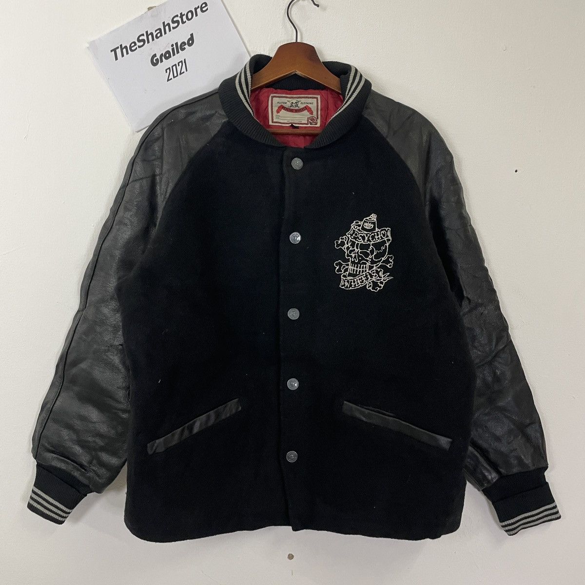 image of Skulls Vintage Psycho Wheels Embroidery Logo Varsity Jacket in Black, Men's (Size XL)