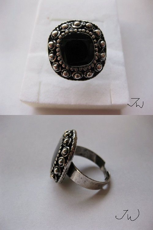 Jewelry Black CZ Tibetan Silver Adjustable Ring Size ONE SIZE - 1 Preview