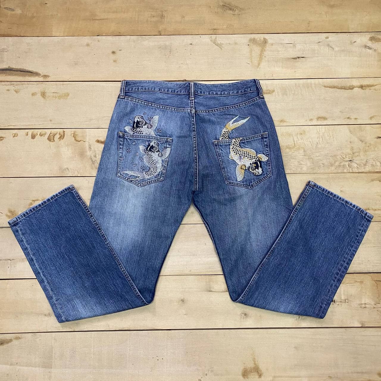 Japanese Brand X402 JAPAN SUKARJAN EMBROIDERY FISH KOI DENIM Size US 34 / EU 50 - 1 Thumbnail